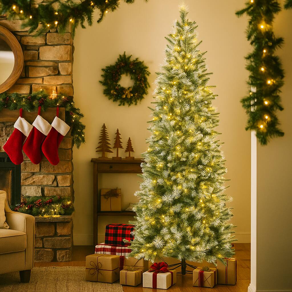 Angle. BreeBe - Pre-Lit Artificial Christmas Tree with Soft White LEDs – 6/7.5/9ft - Green.