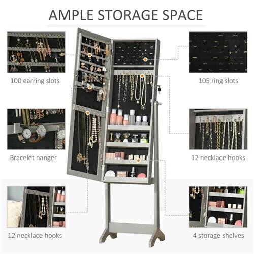 AMPLE STORAGE SPACE

- 100 earring slots
- 105 ring slots
- Bracelet hanger
- 12 necklace hooks
- 12 necklace hooks
- 4 storage shelves
