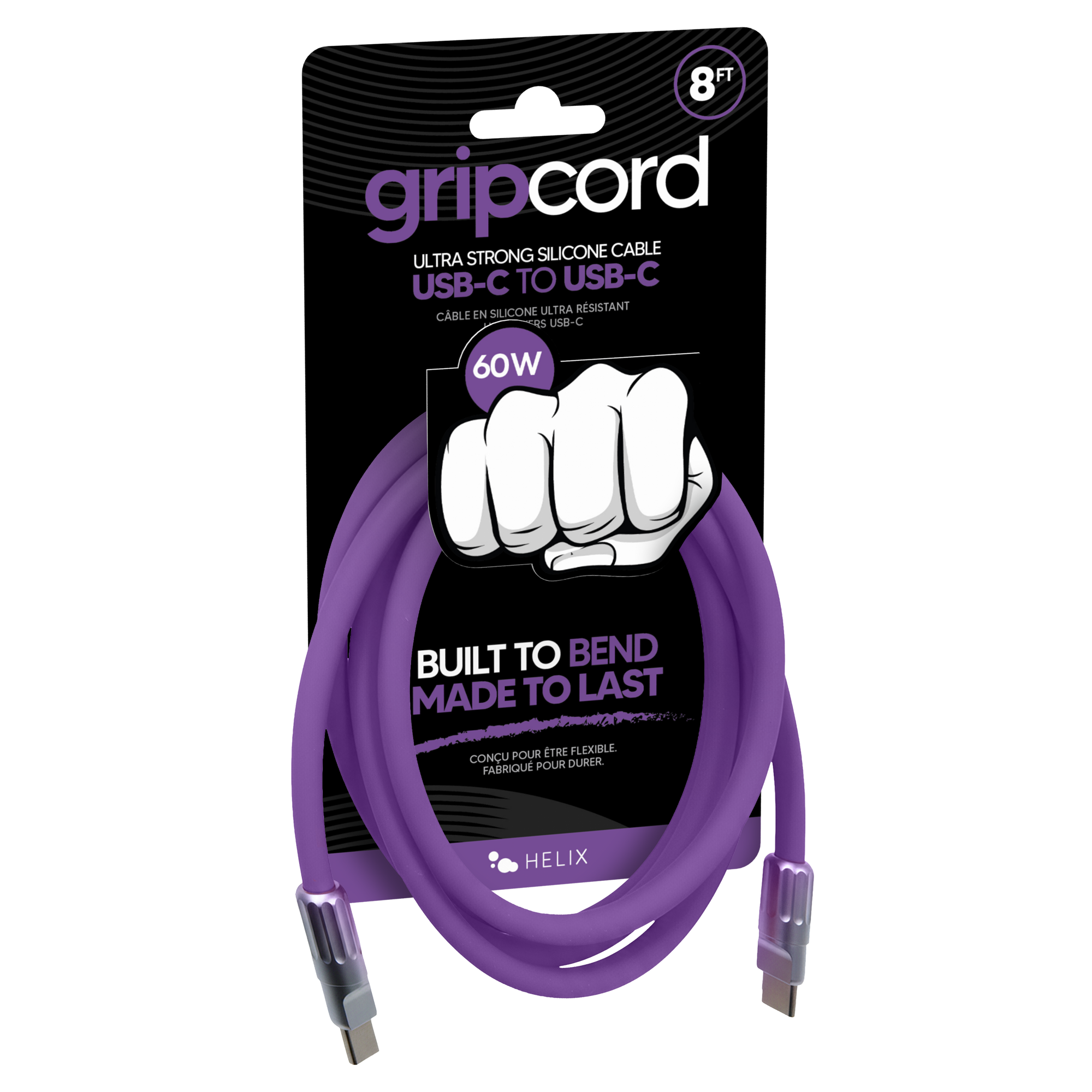 8F gripcord ULTRA STRONG SILICONE CABLE USB-C TO USB-C ULTRA RESISTANT USB-C 60W BUILT TO BEND MADE TO LAST CONCU POUR ÊTRE FLEXIBLE FABRIQUÉ POUR DURER HELIX