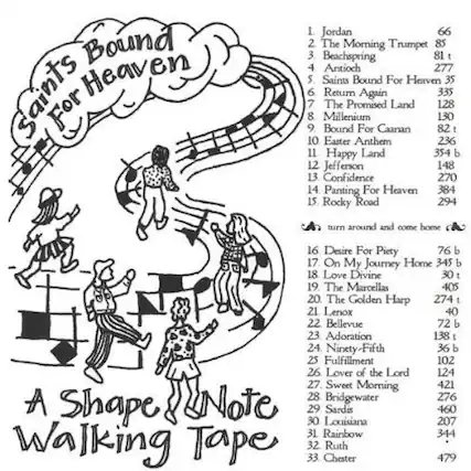 Sure, here is the corrected and grouped text:
---
**Saints Bound For Heaven**
1. Jordan 66
2. The Morning Trumpet 85
3. Beachspring 81
4. Antioch 277
5. Saints Bound For Heaven 35
6. Return Again 335
7. The Promised Land 128
8. Millenium 130
9. Bound For Canaan 82
10. Easter Anthem 236
11. Happy Land 354
12. Jefferson 148
13. Confidence 270
14. Panting For Heaven 384
15. Rocky Road 294
16. Desire For Piety 76
17. On My Journey Home 345
18. Love Divine 30
19. The Marcellas 405
20. The Golden Hap 274
21. Lenox 40
22. Bellevue 72
23. Adoration 138
24. Ninety-Fifth 36
25. Fulfillment 102
26. Lover of the Lord 124
27. Sweet Morning 421
28. Bridgewater 276
29. Sardis 460
30. Louisiana 207
31. Rainbow 344
32. Chester 479
**A Shape Note Walking Tape**
---
**Turn around and come home**
---
**Walking Tape**
---
**Chester Anthem**
33. Chester 479