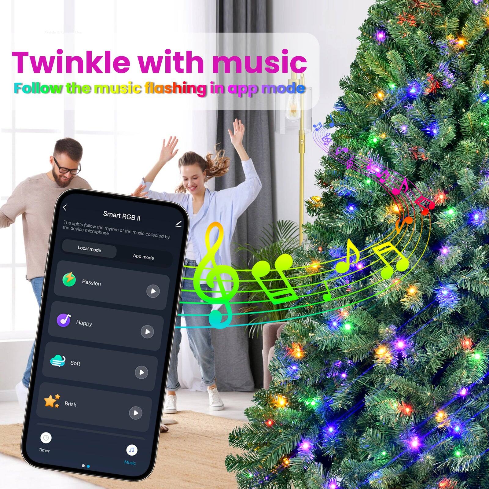 Twinkle with music  
Follow the music flashing in app mode  

Smart RGB II  
The lights follow the rhythm of the music collected by the device microphone  

Local mode  
App mode  

Passion  
Happy  
Soft  
Brisk  

Timer  
Music