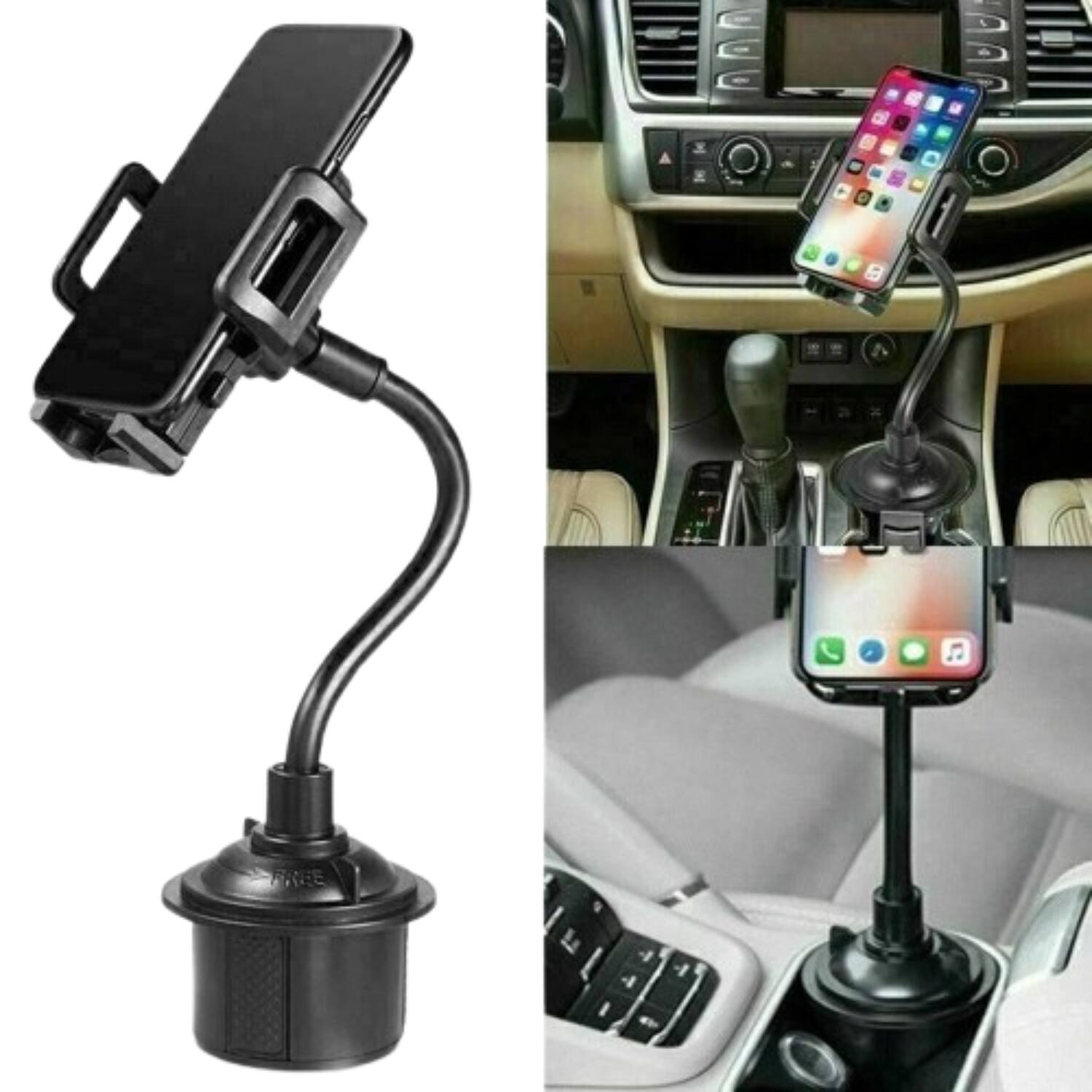 Left. Stock Preferred - Universal Adjustable Gooseneck Car Cup Holder Phone Mount - Black.