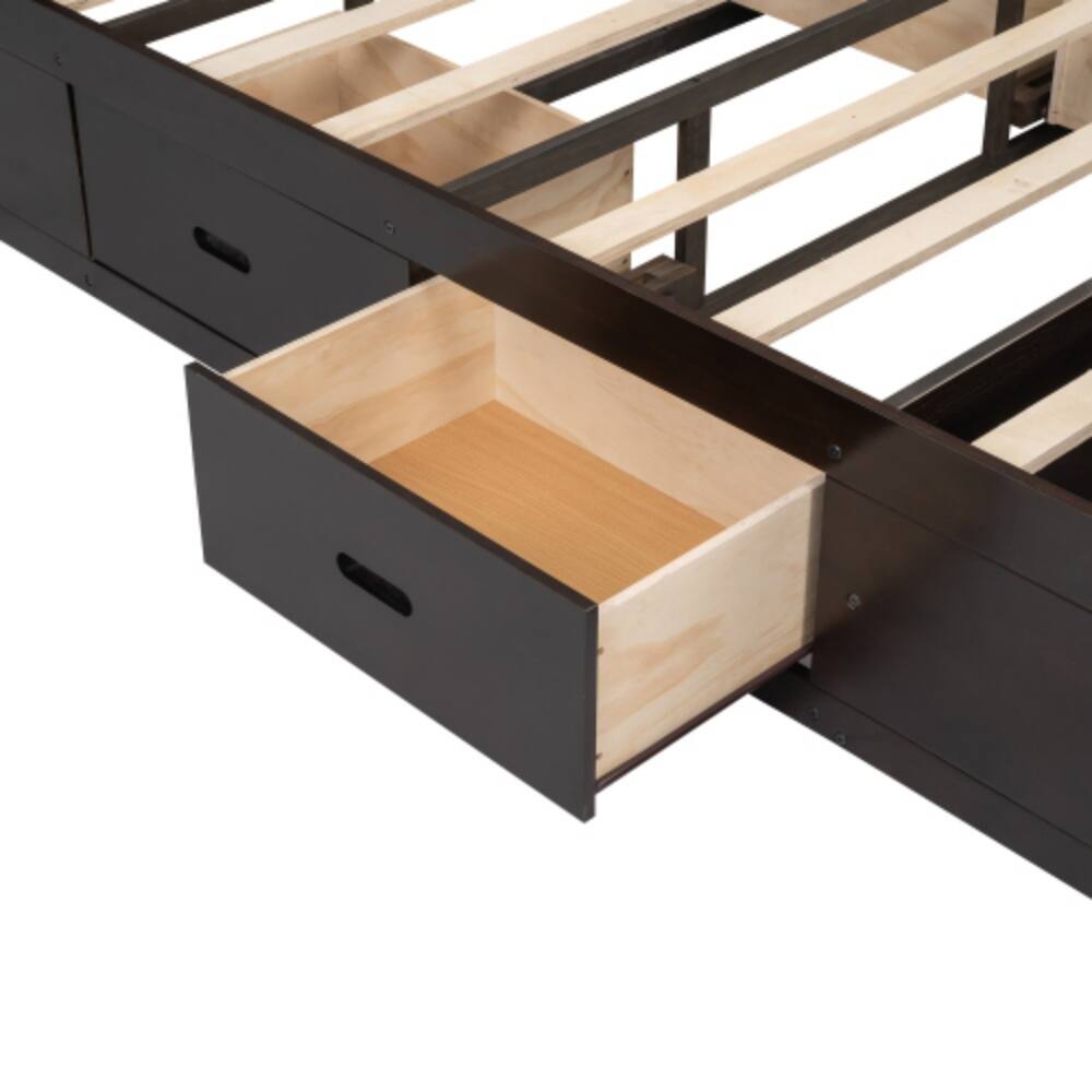 Alt View 4. LUCKY ONE - Queen Size Wood Platform Bed with Storage Headboard, 4 Drawers, Shoe Rack, Wood Slats, No Box Spring Needed - Espresso.