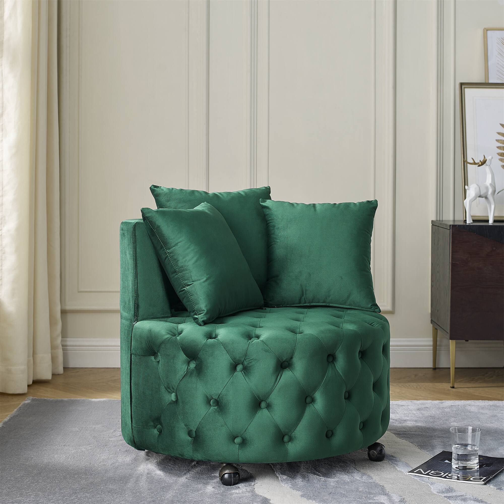 Left. GOODSILO - Luxury Upholstered Swivel Accent Chair with Tufted Back and Caster Wheels for Elegant Home Seating - Green.