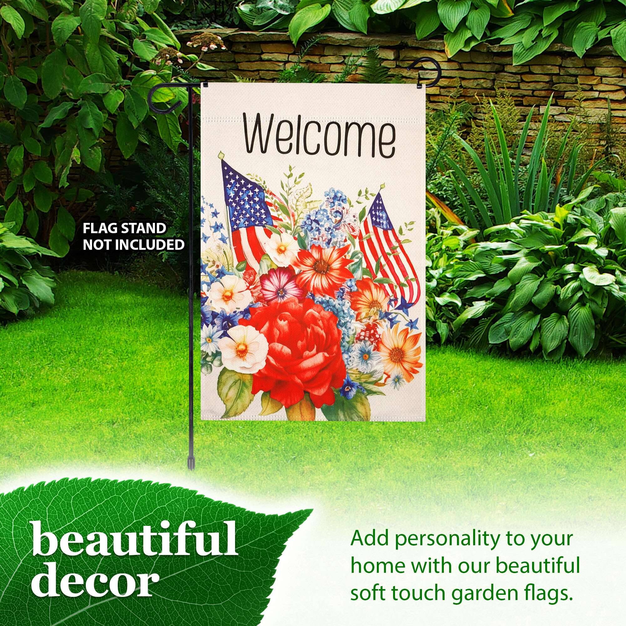 Welcome  
FLAG STAND NOT INCLUDED  

beautiful decor  

Add personality to your home with our beautiful soft touch garden flags.