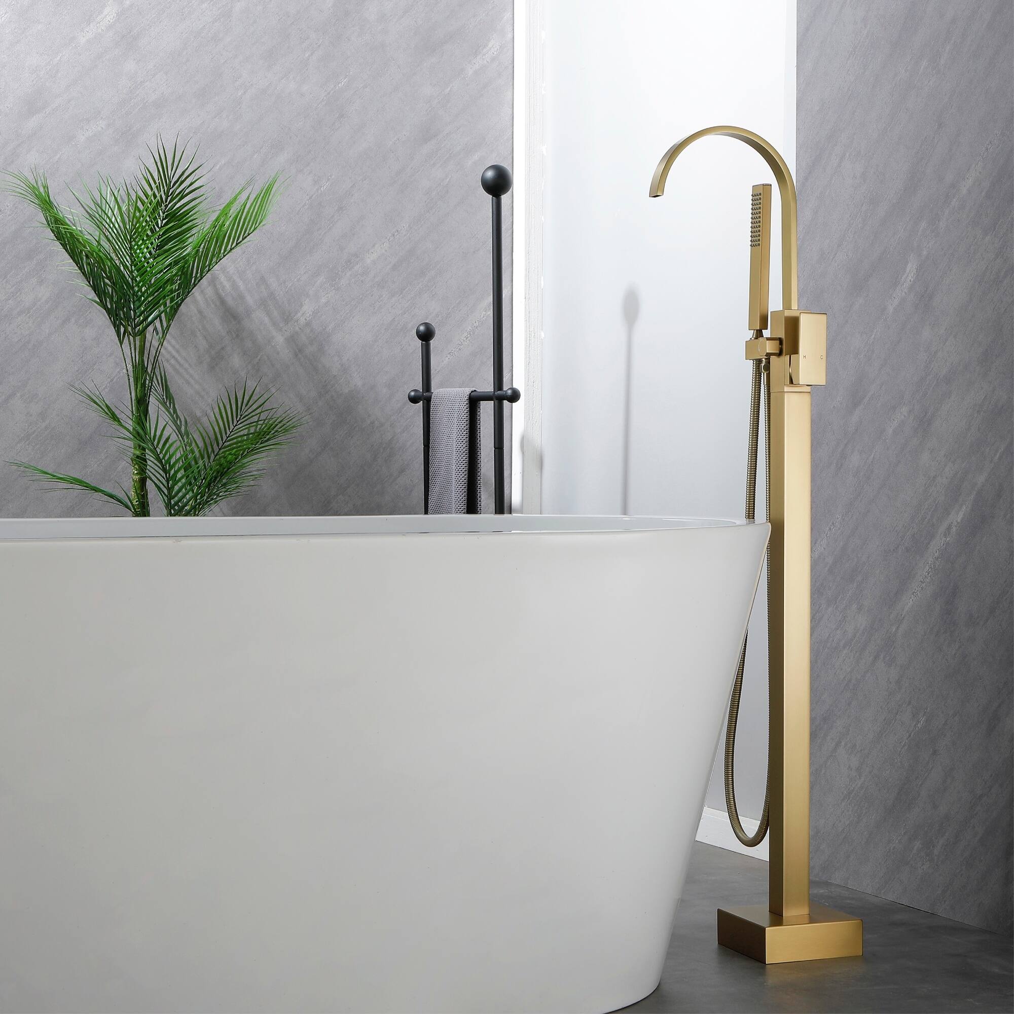 Alt View 3. Boyel Living - Brushed Gold Freestanding Bathtub Faucet Solid Brass 360° Swivel Handheld Spray 60-Inch Hose cUPC - Brushed Gold.