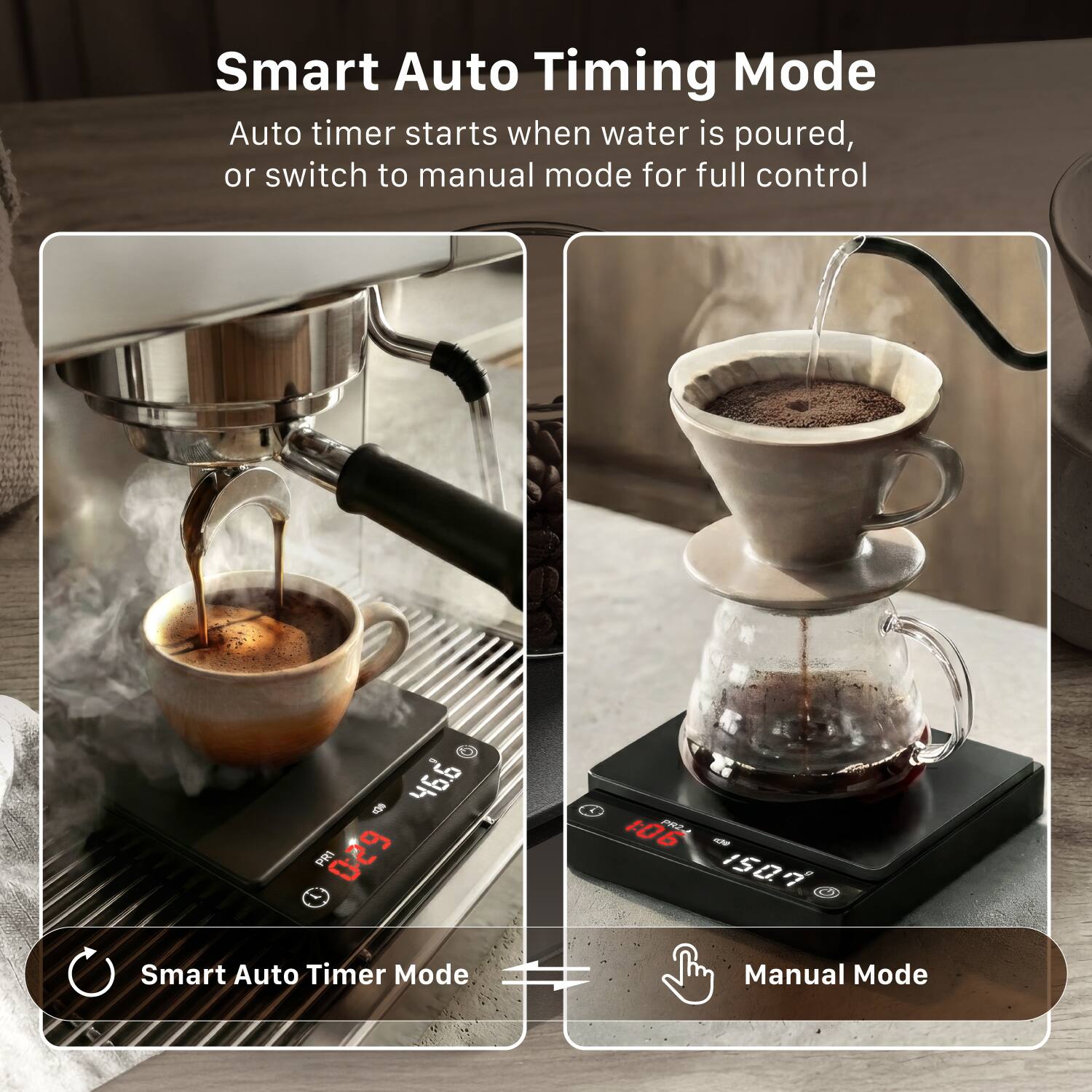 Smart Auto Timing Mode  
Auto timer starts when water is poured, or switch to manual mode for full control  

Smart Auto Timer Mode  
Manual Mode