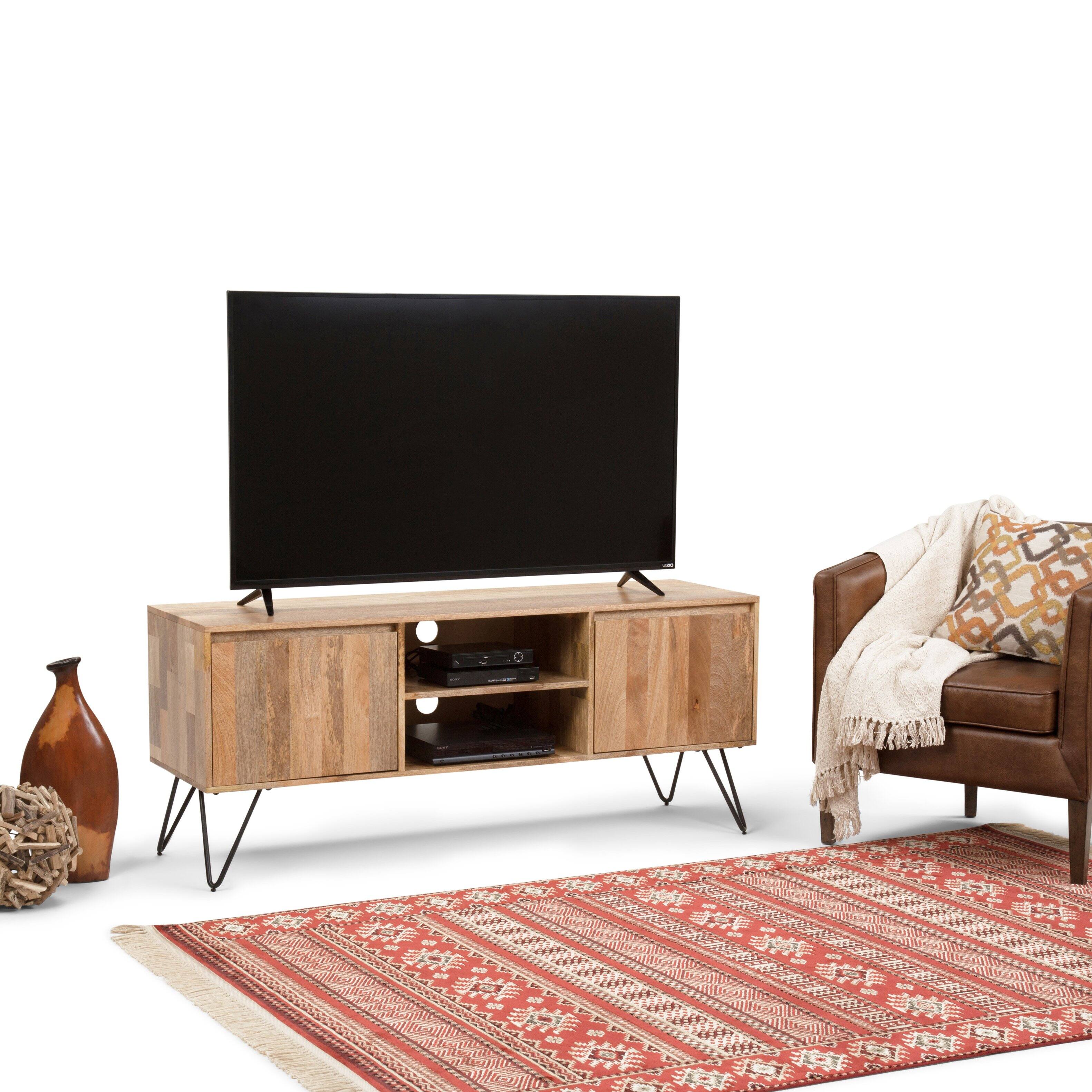 Left. Simpli Home - Hunter Solid Mango Wood 60 inch Wide Industrial TV Media Stand For TVs up to 65 inches - Natural.