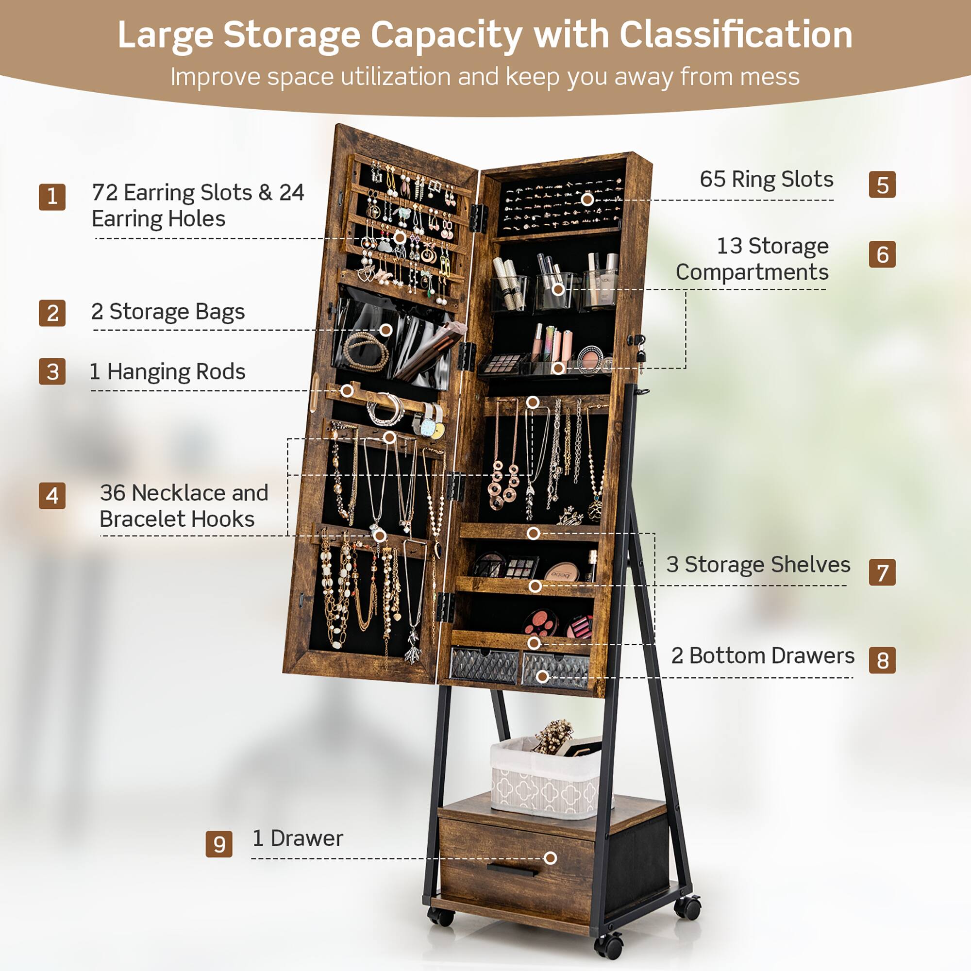 Large Storage Capacity with Classification: Improve space utilization and keep you away from mess.

1. 72 Earring Slots & 24 Earring Holes
2. 2 Storage Bags
3. 65 Ring Slots
4. 5 13 Storage
5. 6 Compartments
6. 3 1 Hanging Rods
7. 4 36 Necklace and Bracelet Hooks
8. 3 Storage Shelves
9. 7 2 Bottom Drawers
10. 8 9 1 Drawer