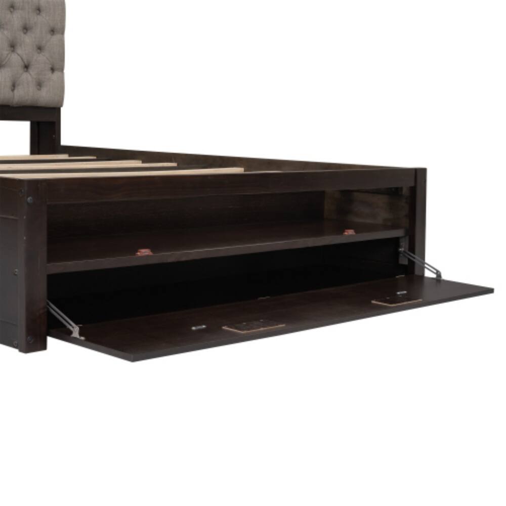 Alt View 2. LUCKY ONE - Queen Size Wood Platform Bed with Storage Headboard, 4 Drawers, Shoe Rack, Wood Slats, No Box Spring Needed - Espresso.