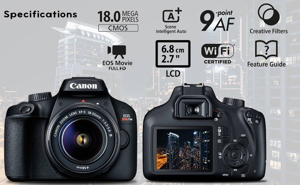 Specifications  
- 18.0 MEGA PIXELS CMOS  
- EOS Movie FULL HD  
- 6.8 cm 2.7" LCD  
- 9-point AF  
- Scene Intelligent Auto  
- Wi-Fi CERTIFIED  
- Creative Filters  
- Feature Guide  
- EF-S LENS 18-55mm ZOOM CANON 1:3.5-5.6 II  
- EOS REBEL T100  
- Av, ISO, DISP, SET, AF, WB, MENU