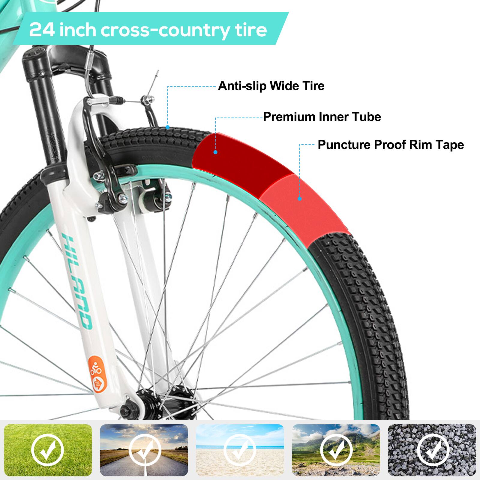 24 inch cross-country tire

Anti-slip Wide Tire
Premium Inner Tube
Puncture Proof Rim Tape
