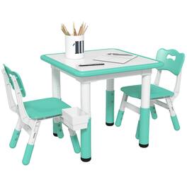 Qaba - 3 Pieces Kids Table and Chairs, Height Adjustable Toddler Table and Chair Set with Storage, Easy to Wipe - Green