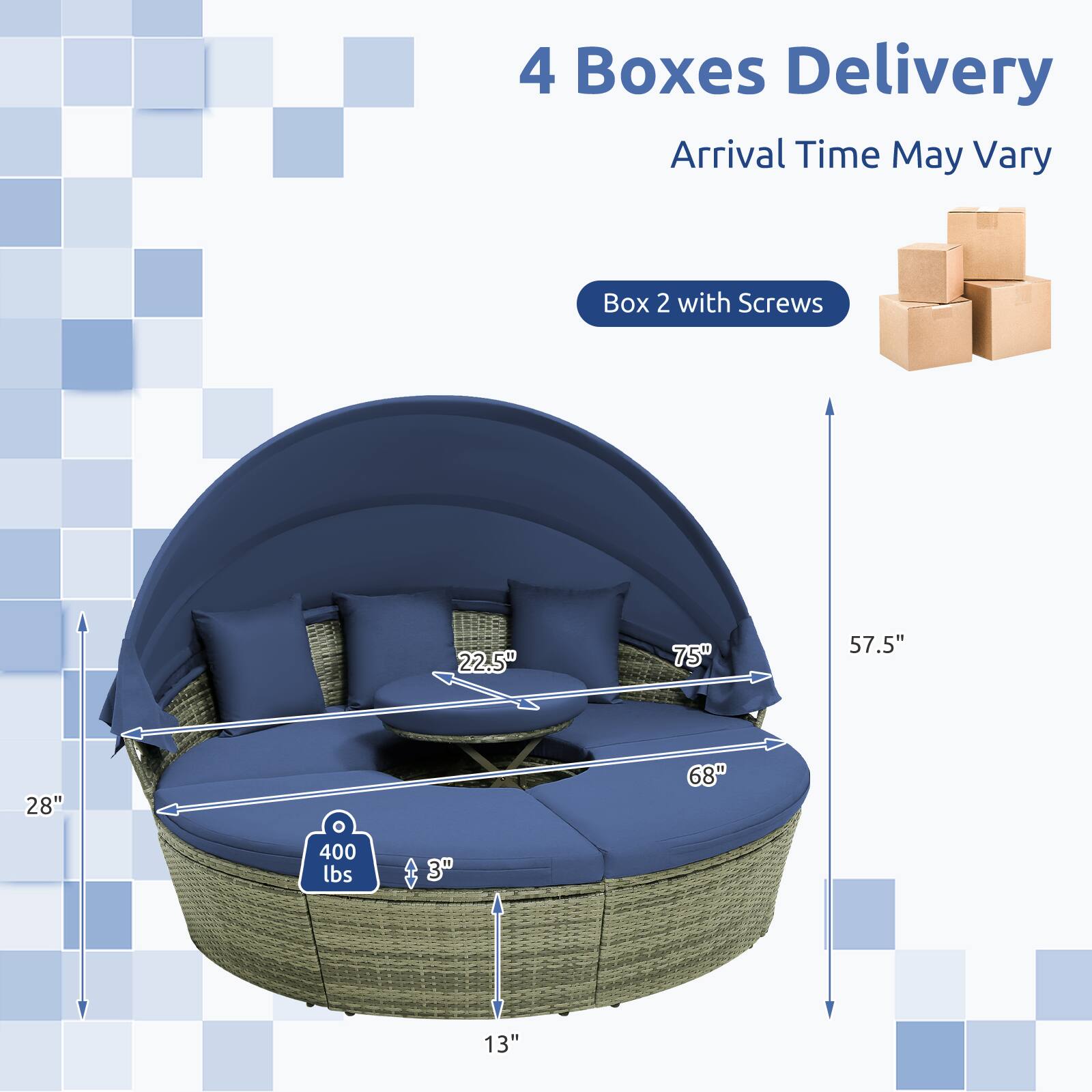 4 Boxes Delivery  
Arrival Time May Vary  

Box 2 with Screws  

Dimensions:  
- 22.5"  
- 75"  
- 57.5"  
- 28"  
- 68"  
- 13"  

Weight: 400 lbs  
Height: 3"