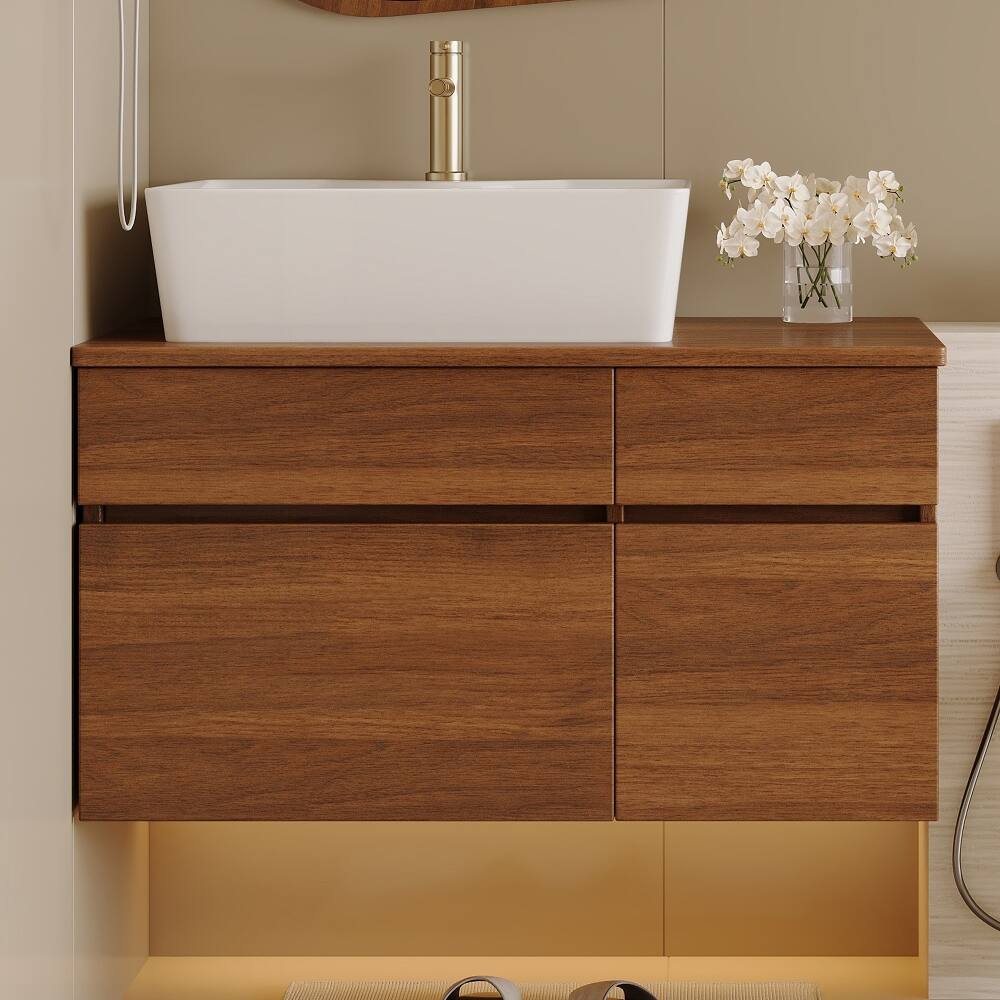 Angle. Loheer - Loheer 31.5 inch floating bathroom vanity Walnut and White Single Sink Vanity with Vessel Ceramic Sink - White, Walnut.
