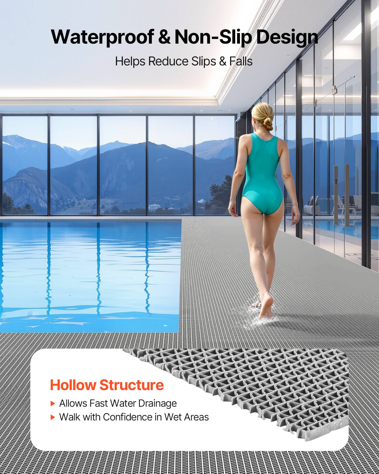 Waterproof & Non-Slip Design  
Helps Reduce Slips & Falls  

Hollow Structure  
Allows Fast Water Drainage  
Walk with Confidence in Wet Areas