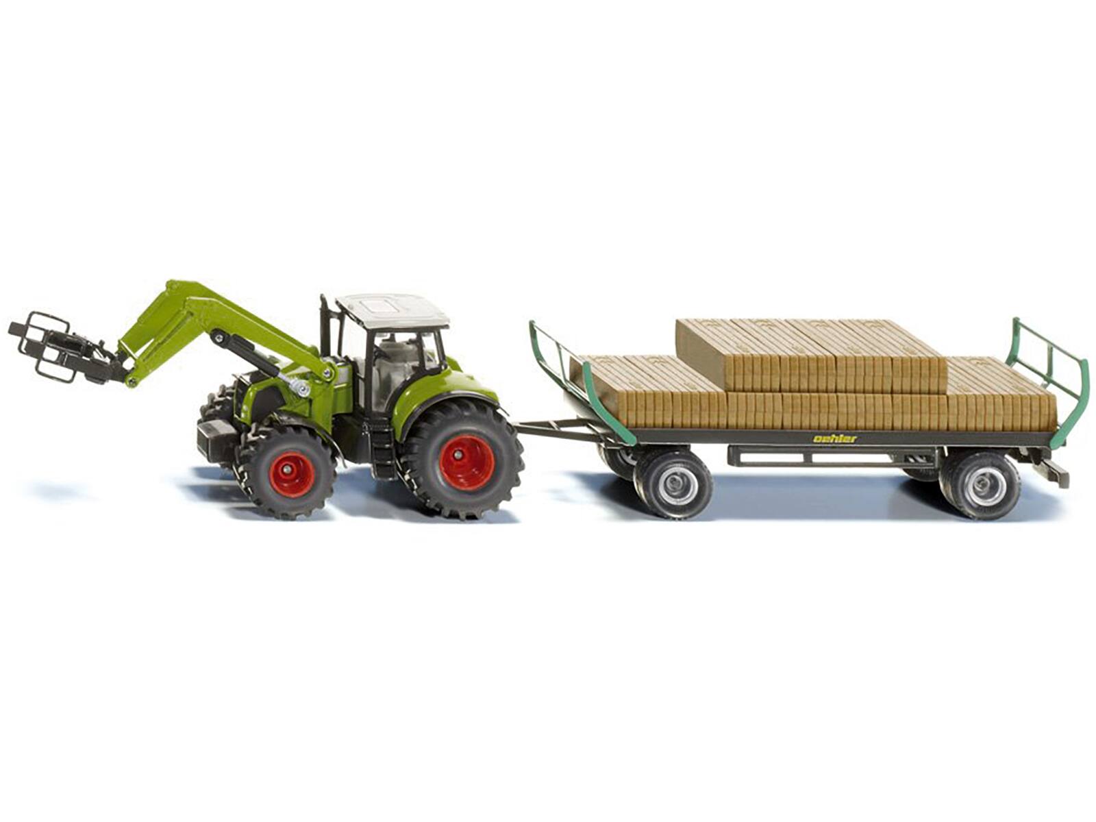 Angle. SIKU - Claas Tractor with Square Bale Grab Green and Oehler Bale Trailer with 12 Hay Bales 1/50 Diecast Model by Siku - Green.