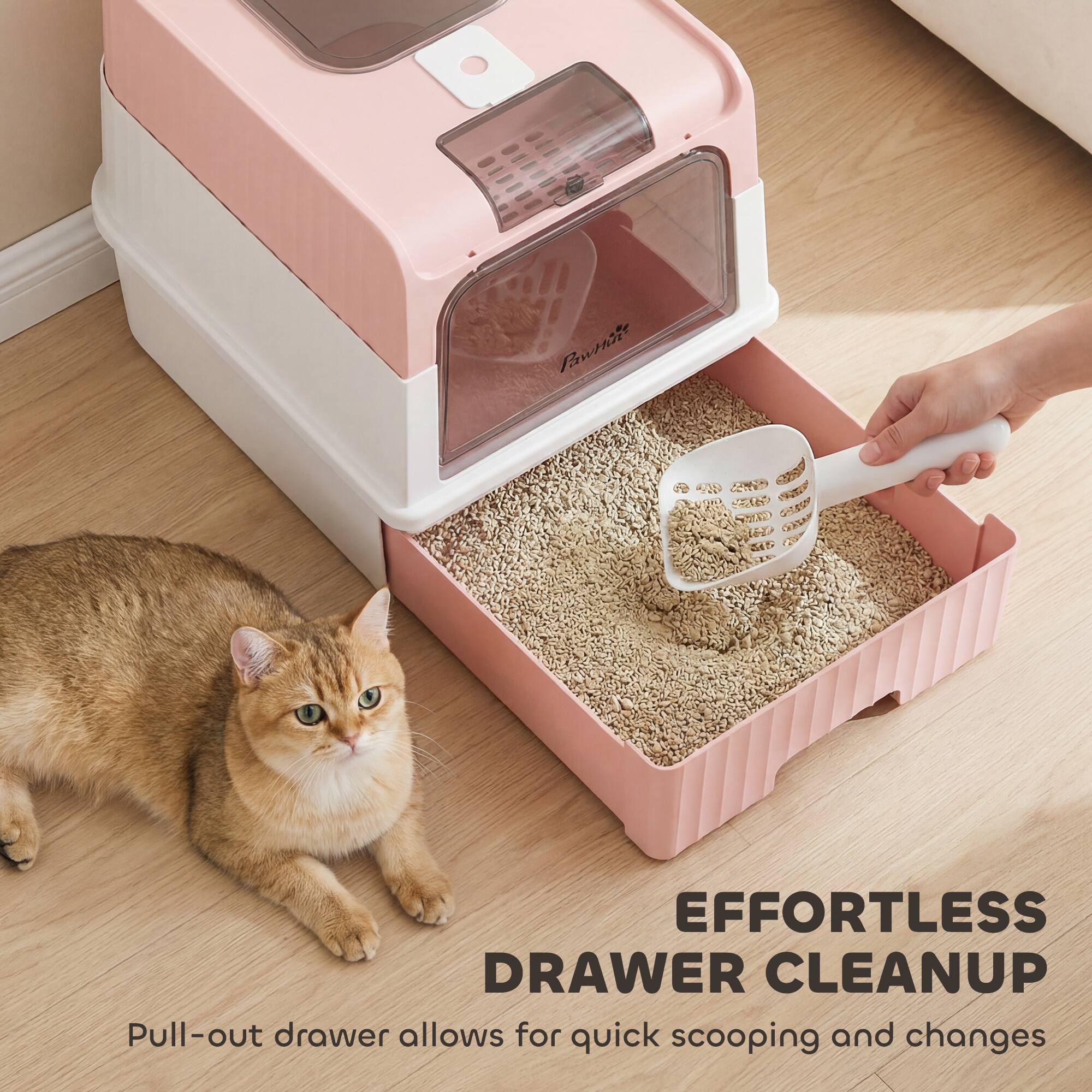 EFFORTLESS DRAWER CLEANUP  
Pull-out drawer allows for quick scooping and changes