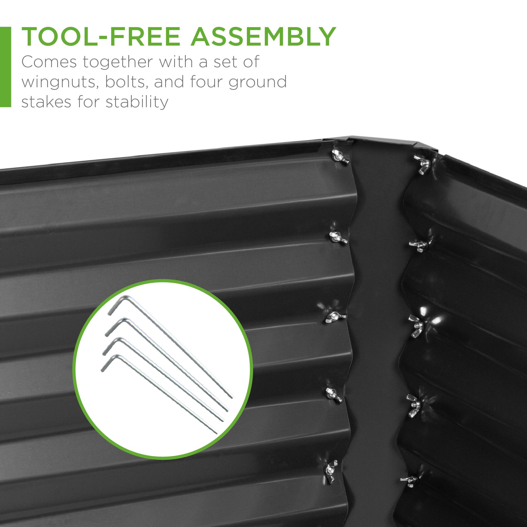 TOOL-FREE ASSEMBLY  
Comes together with a set of wingnuts, bolts, and four ground stakes for stability