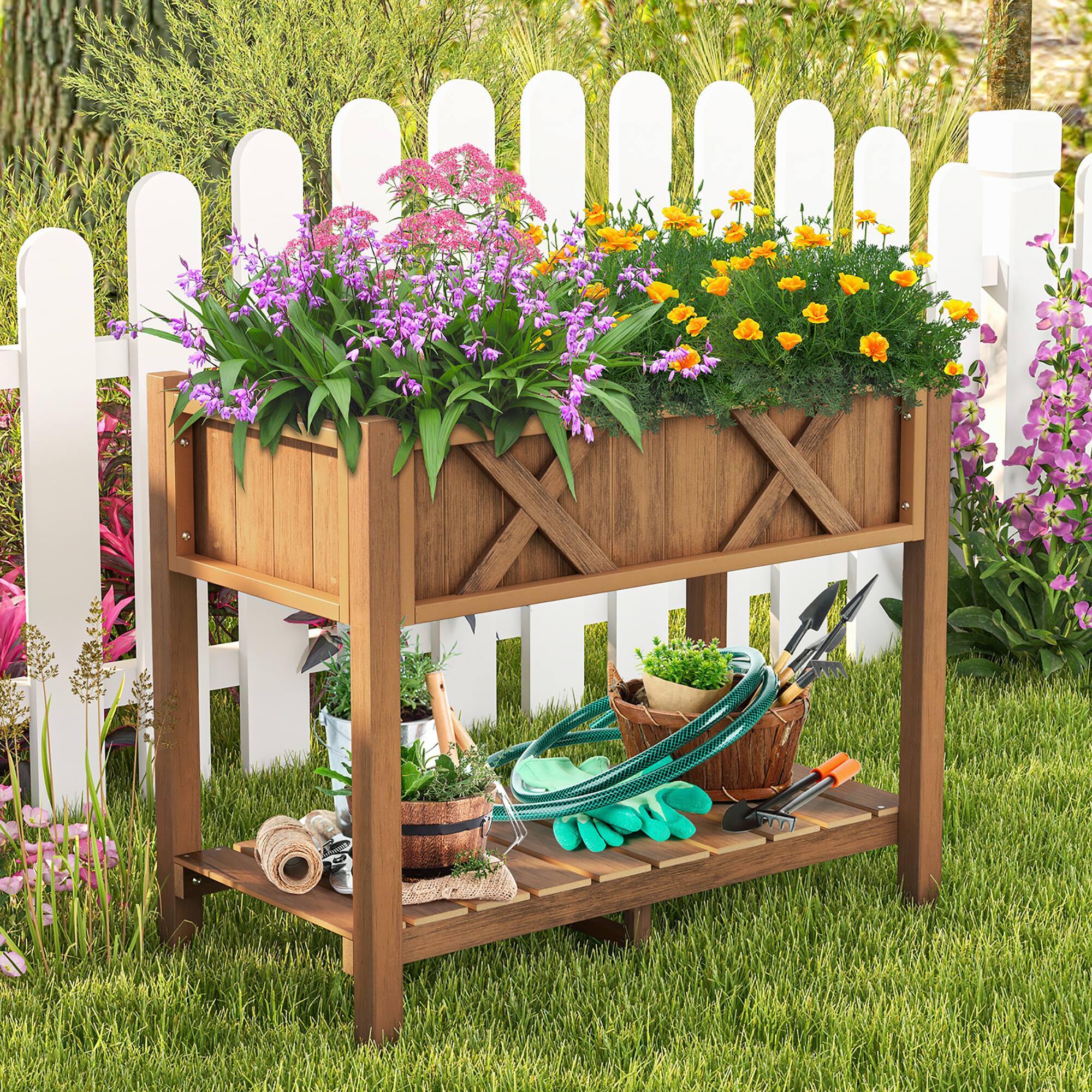 Alt View 1. Gymax - Gymax HIPS Raised Garden Bed Poly Wood Elevated Planter Box w/ Legs & Storage Shelf Coffee - Coffee.