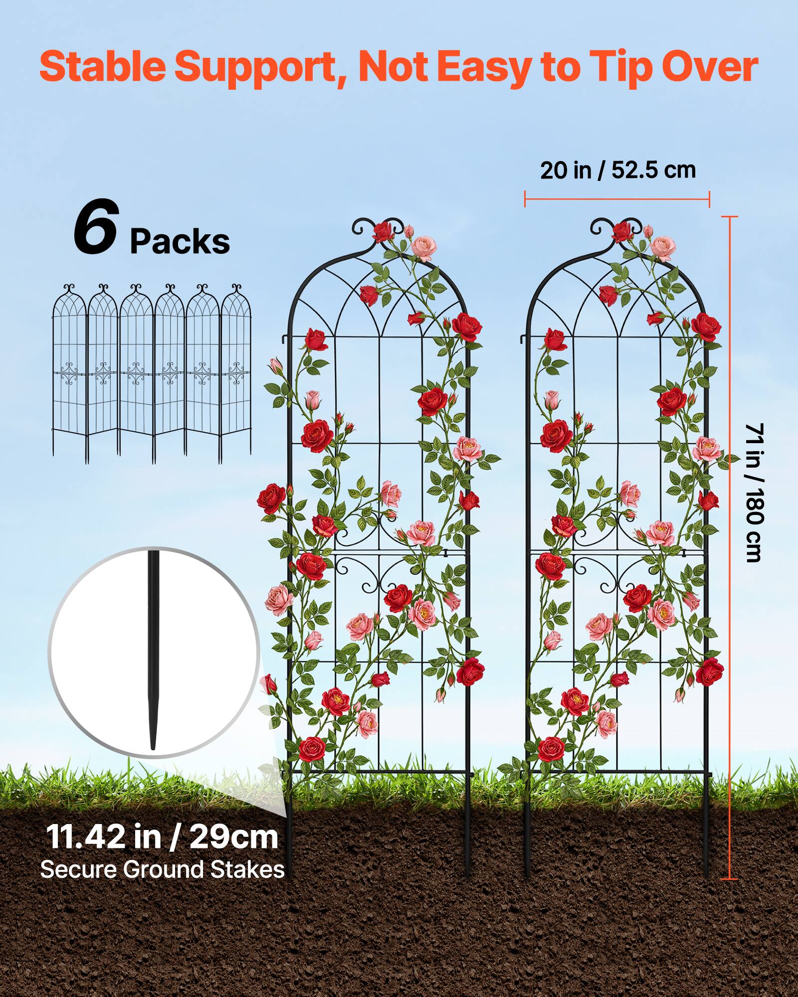 Stable Support, Not Easy to Tip Over

6 Packs

20 in / 52.5 cm

71 in / 180 cm

11.42 in / 29 cm

Secure Ground Stakes