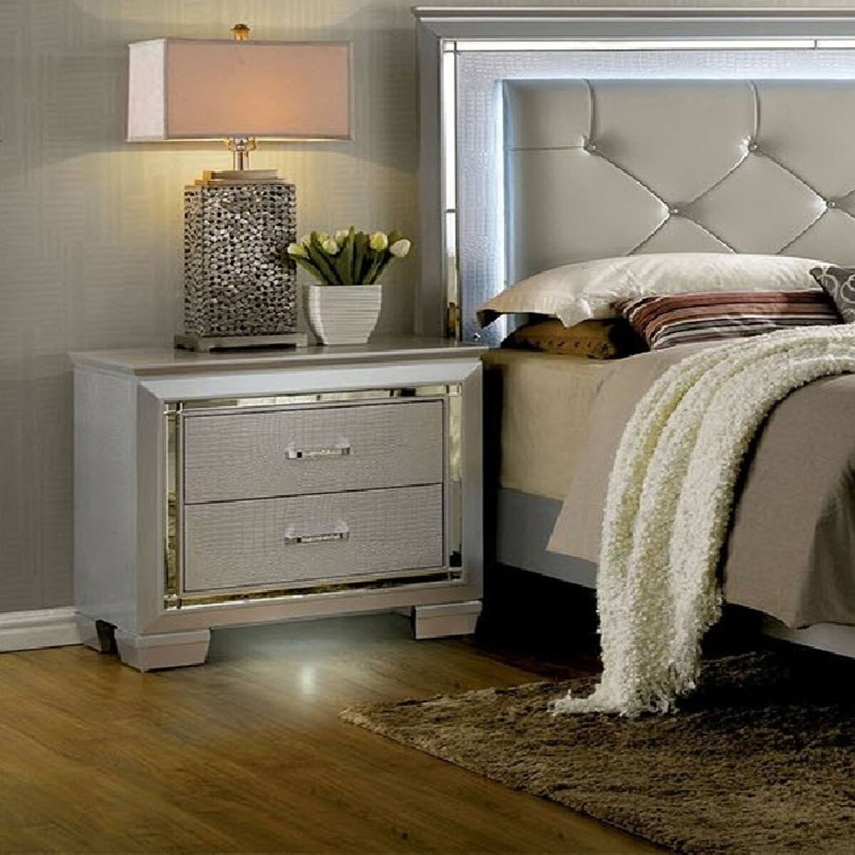 Alt View 3. Loheer - Loheer Silver Two Drawer Nightstand with Built In LED Light and Mirror Inserts - Silver.