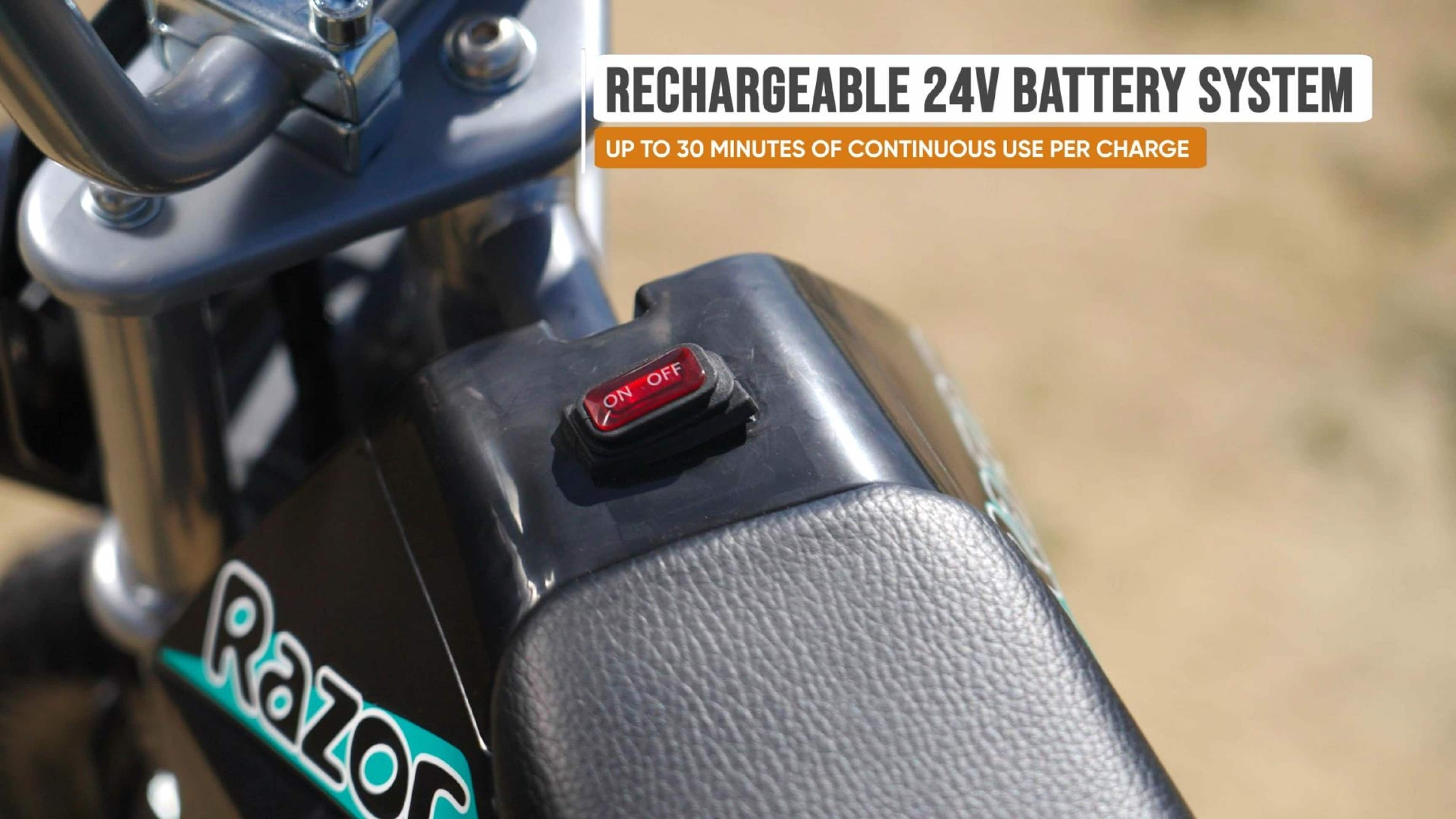 RECHARGEABLE 24V BATTERY SYSTEM UP TO 30 MINUTES OF CONTINUOUS USE PER CHARGE OFF ON RAZOR