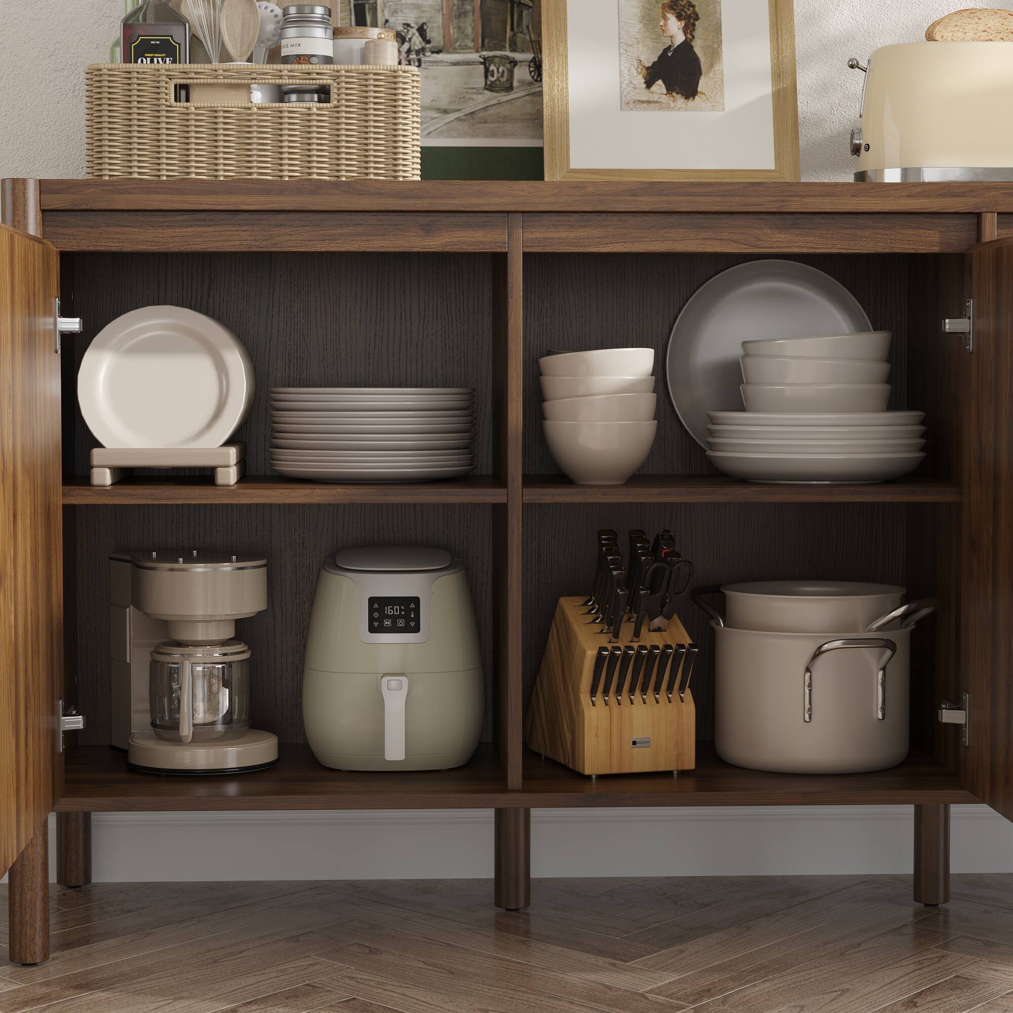 Alt View 5. Famapy - Famapy Wooden Buffet Cabinet: Solid Rubberwood Legs + Eco - Friendly Storage - Brown.