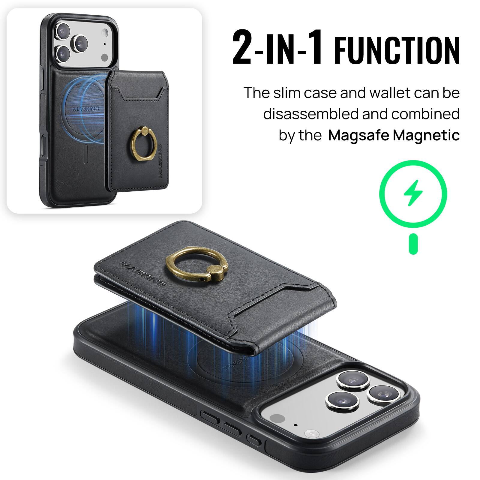 2-IN-1 FUNCTION  
The slim case and wallet can be disassembled and combined by the Magsafe Magnetic