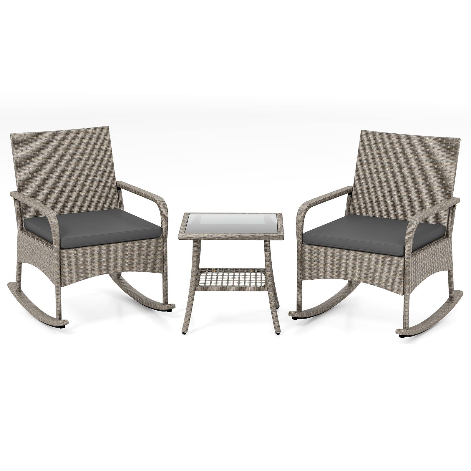 Alt View 7. Gymax - Gymax 3-Piece Rocking Bistro Set w/Cushions & Glass Coffee Table for Garden Outdoor Mixed Gray & Gray - Gray.