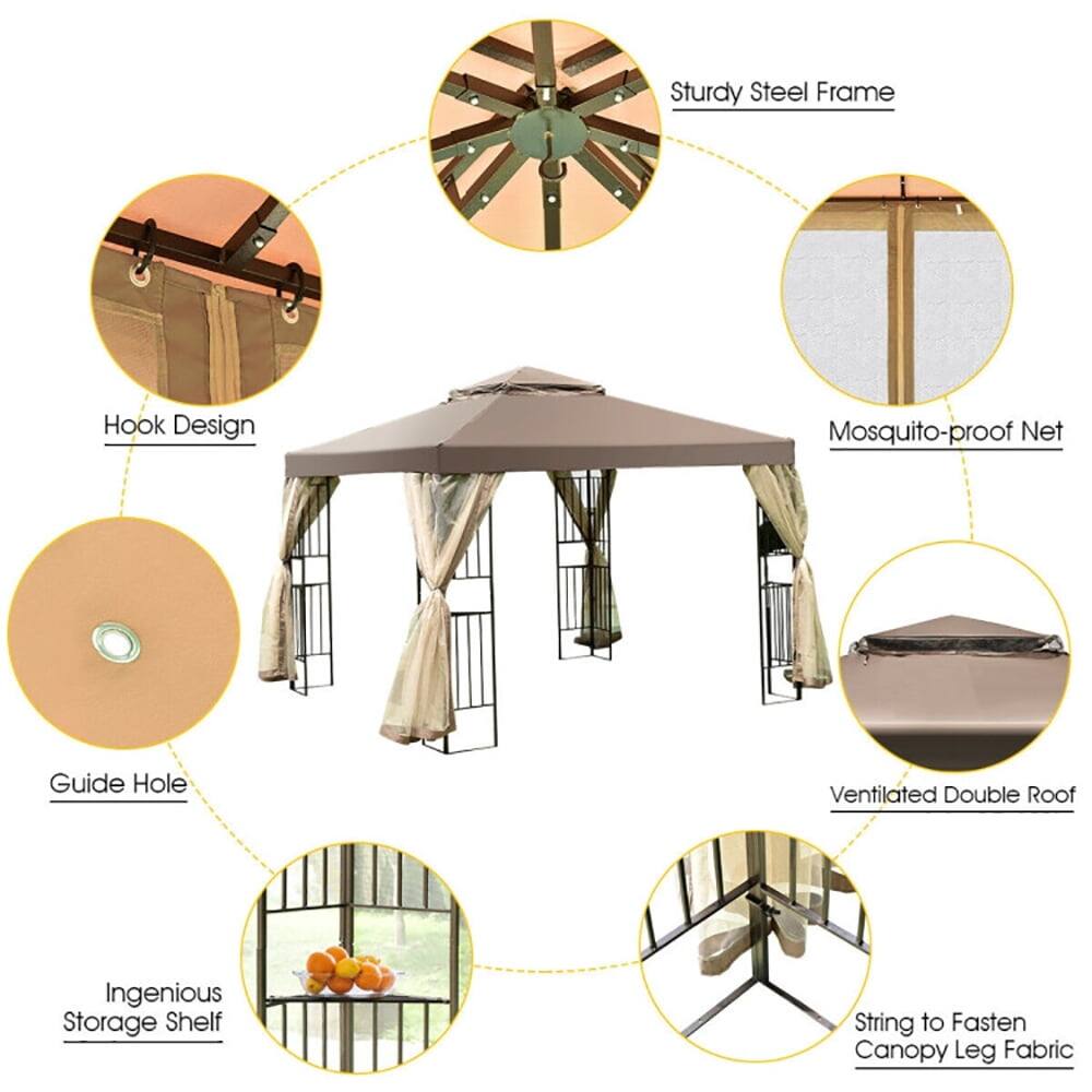 Sturdy Steel Frame  
Hook Design  
Mosquito-proof Net  
Guide Hole  
Ventilated Double Roof  
Ingenious Storage Shelf  
String to Fasten Canopy Leg Fabric