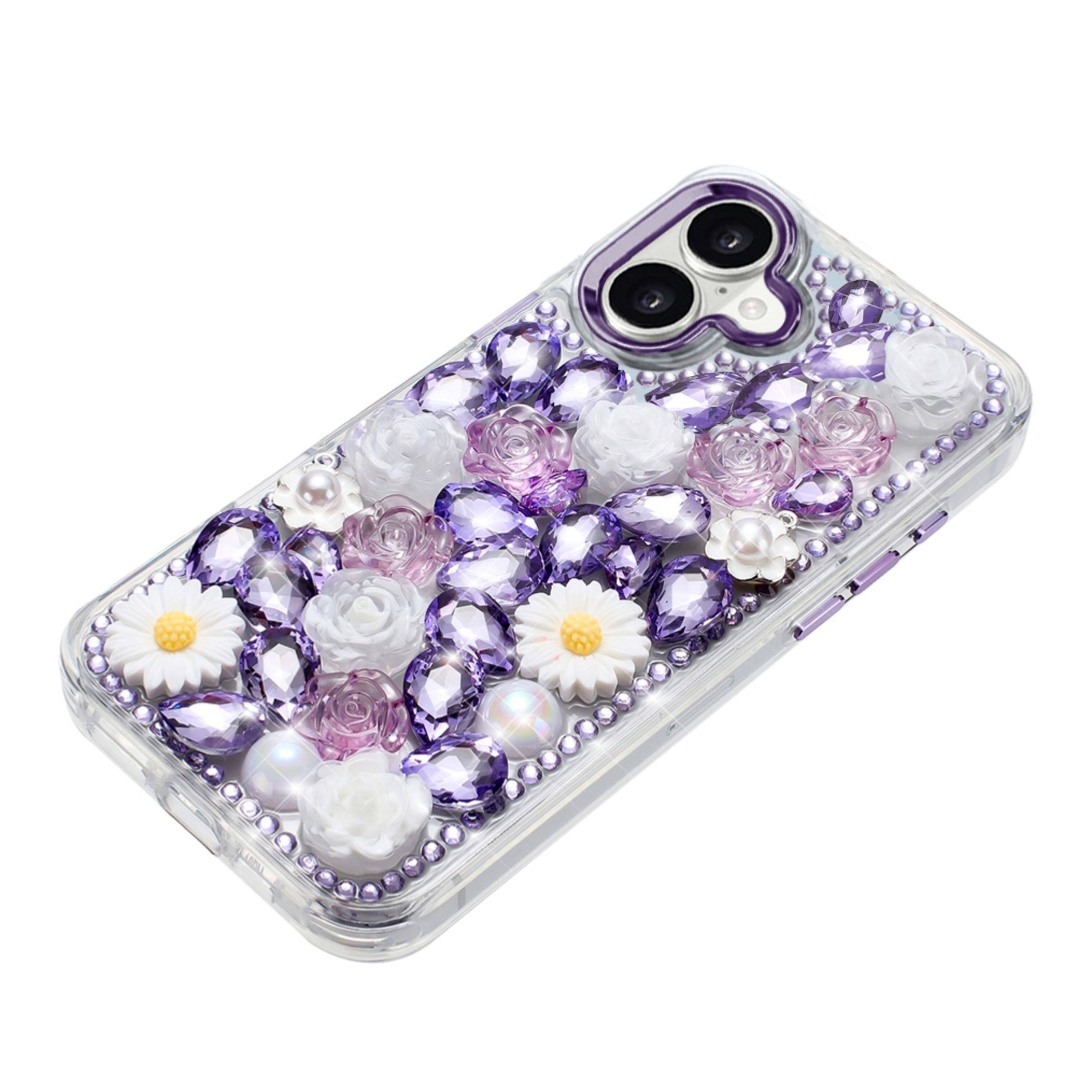 Angle. Kitcheniva - Full 3D Faux Jewel Floral Phone Case With Tempered Glass For iPhone 17 Purple - Purple.