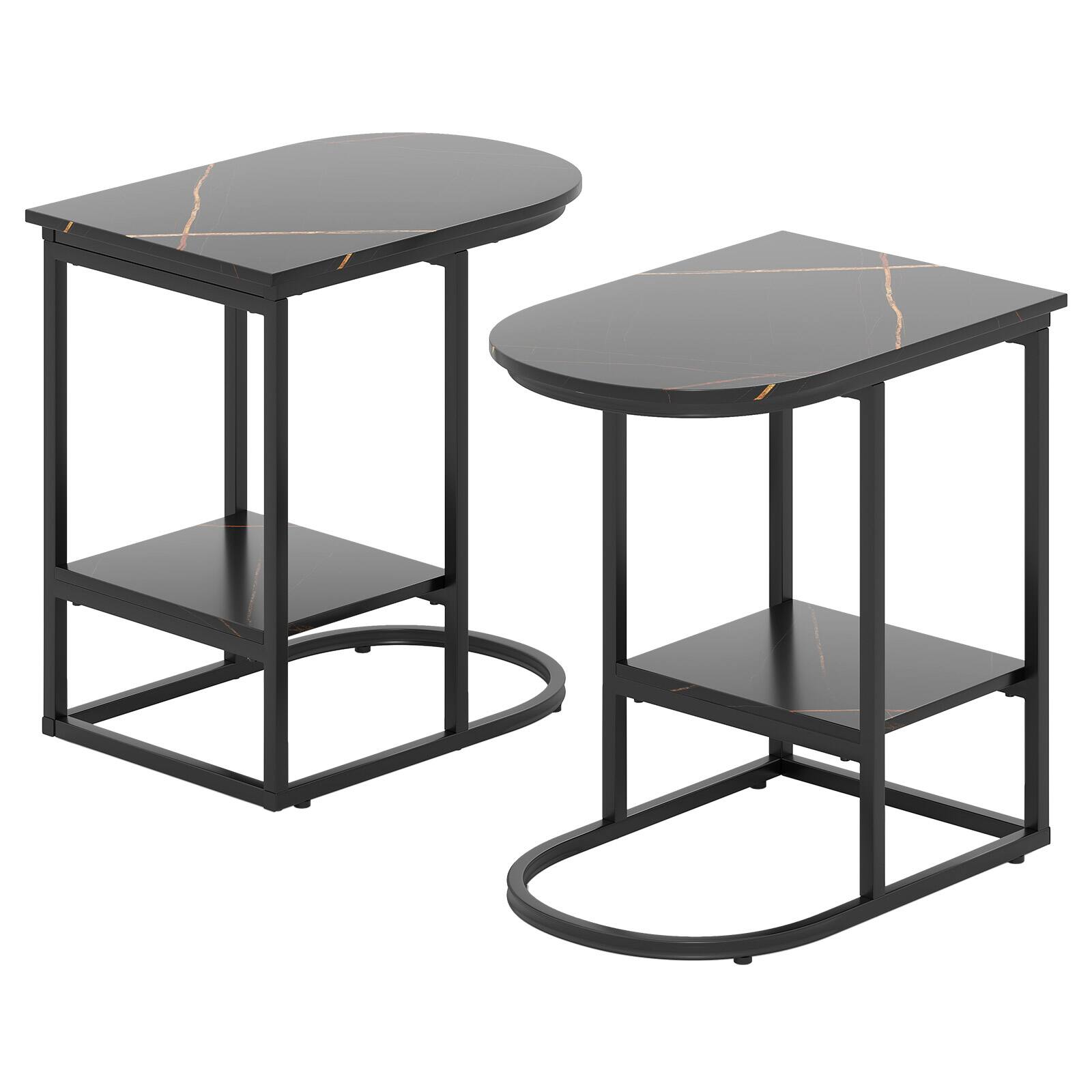 Costway - 2PCS C-shaped End Table Modern Sofa Side Table w/ Faux Marble Tabletop & Storage Shelf - Black