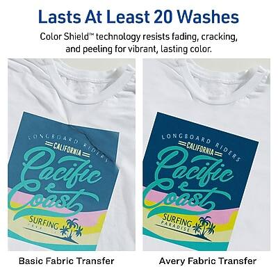 Lasts At Least 20 Washes

Color Shield™ technology resists fading, cracking, and peeling for vibrant, lasting color.

LONGBOARD CALIFORNIA RIDERS
Pacific Coast
SURFING PARADISE

Basic Fabric Transfer

Avery Fabric Transfer
