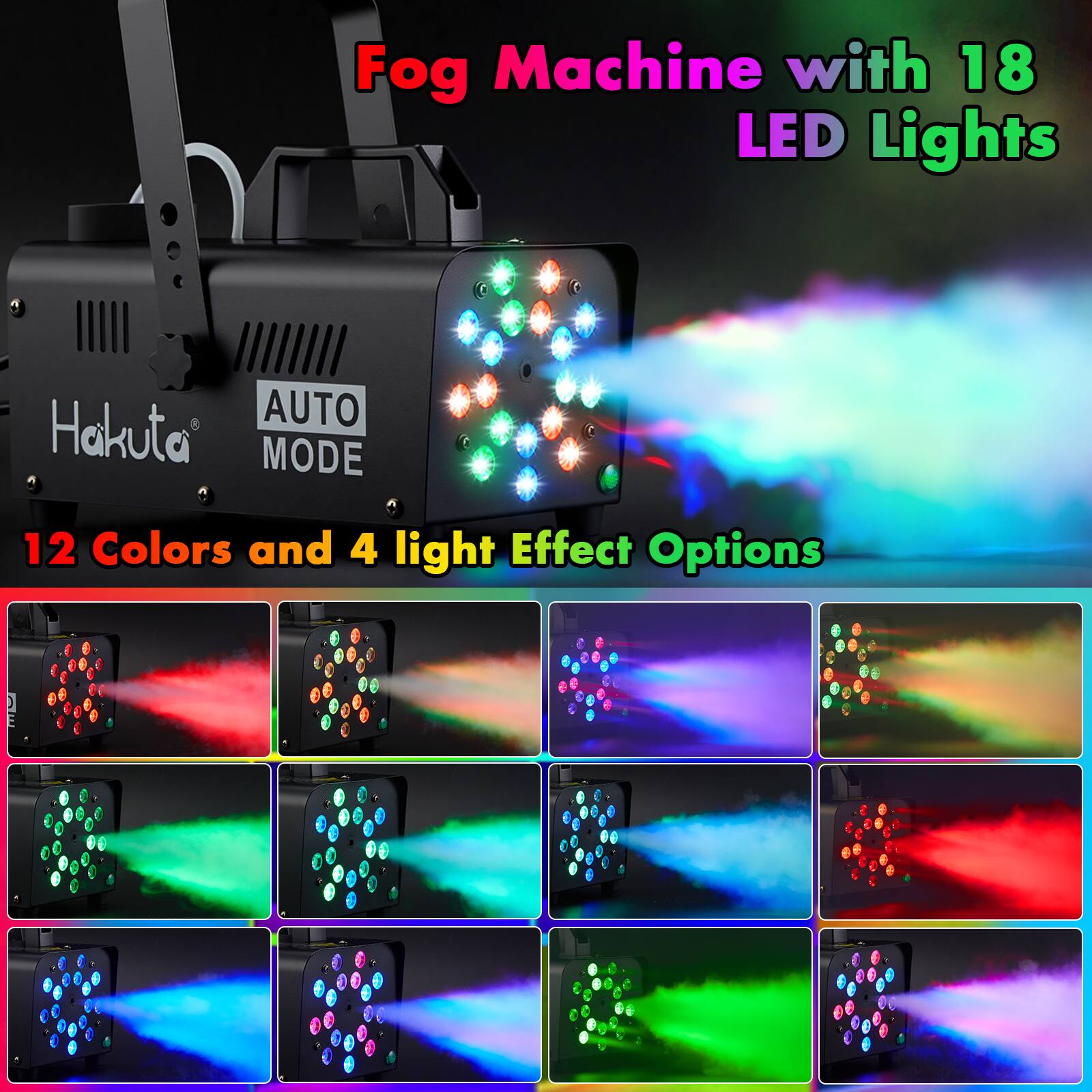 Fog Machine with 18 LED Lights, AUTO Mode, 12 Colors, and 4 Light Effect Options.