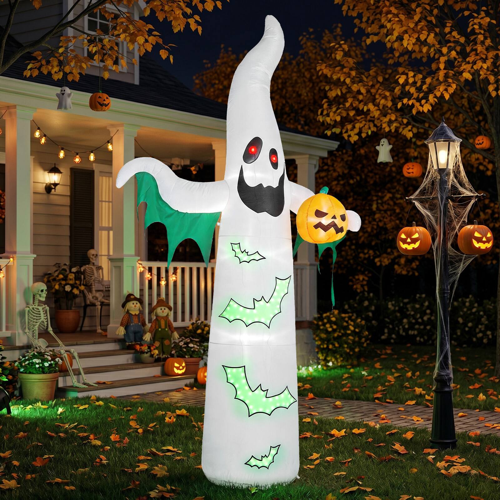 Alt View 7. Sunoyar - 12FT Halloween Inflatable Ghost & Bats LED Yard Decor w/82 String Lights & 4 Spotlights Plug-in Outdoor Lawn Decoration - White.