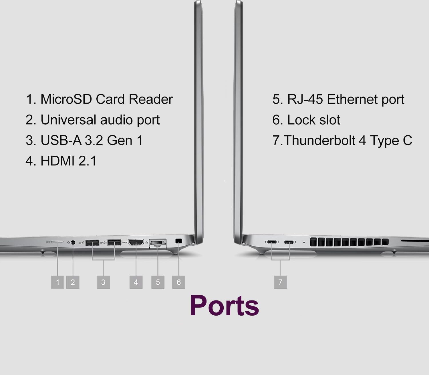 1. MicroSD Card Reader  
2. Universal audio port  
3. USB-A 3.2 Gen 1  
4. HDMI 2.1  
5. RJ-45 Ethernet port  
6. Lock slot  
7. Thunderbolt 4 Type C  

Ports