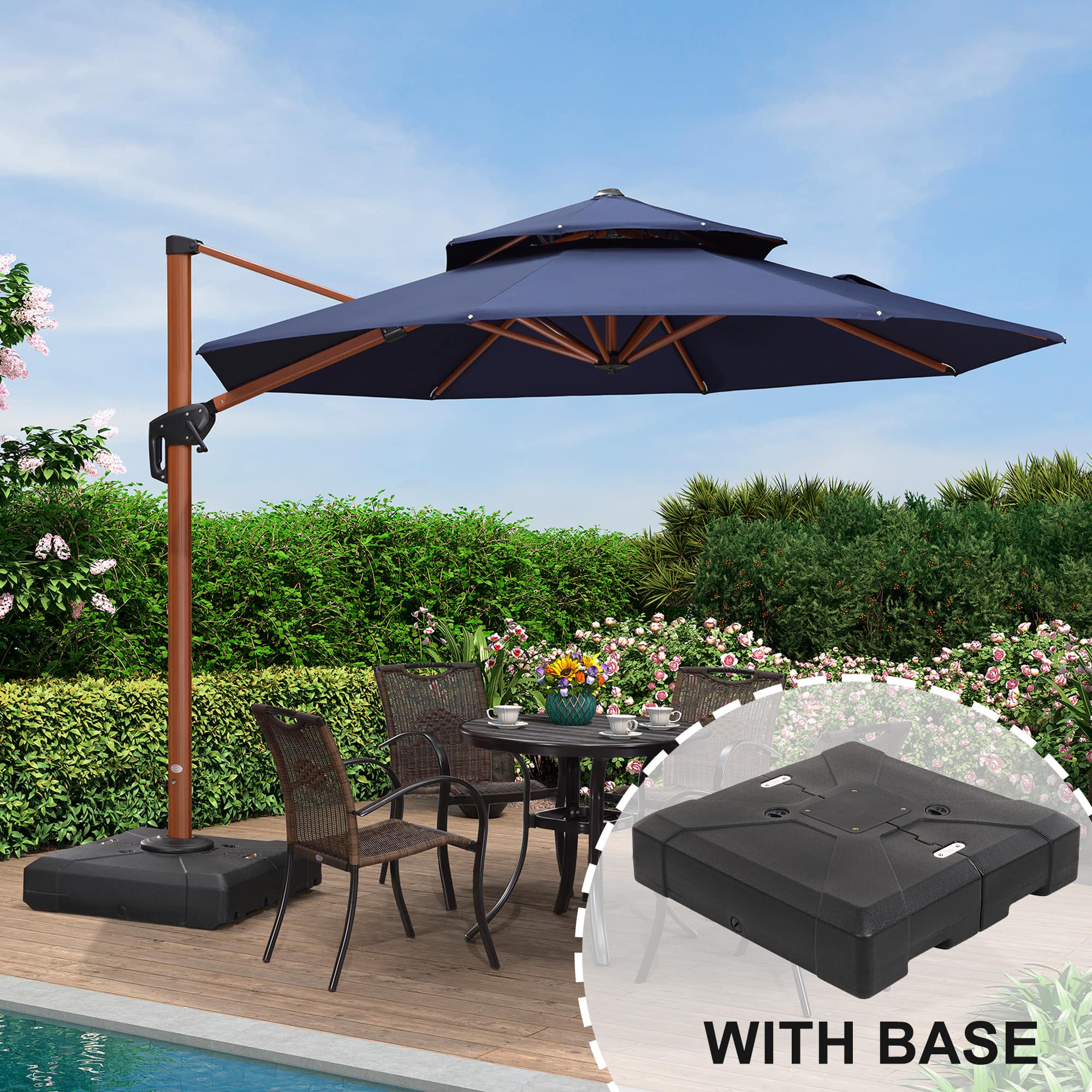 PURPLE LEAF - 10 ft. Patio Octagon Outdoor Large Cantilever Umbrella Windproof Offset Heavy Duty Sun Umbrella with Base for Garden - Navy Blue