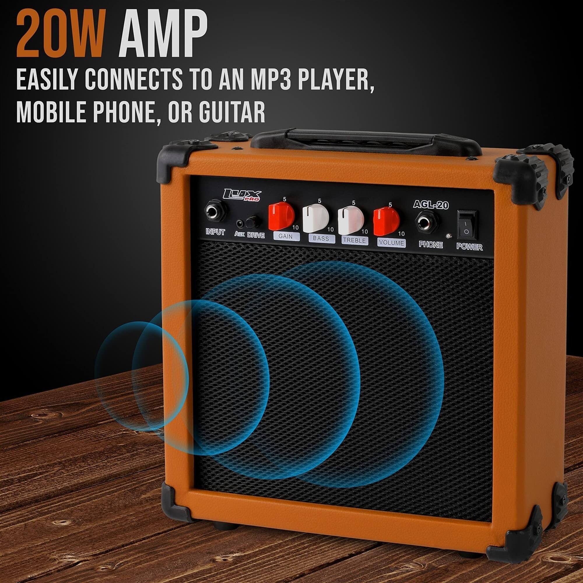 20W AMP EASILY CONNECTS TO AN MP3 PLAYER, MOBILE PHONE, OR GUITAR

AGL-20
INPUT
BASS
TREBLE
VOLUME
PHONE
POWER
GAIN

0X Ler 5 a 5 5 AGL20 MPUT Fo SORVE 10 GAIN 10 BASS - 10 10 TREBLE VOLUME PHOOP PORER