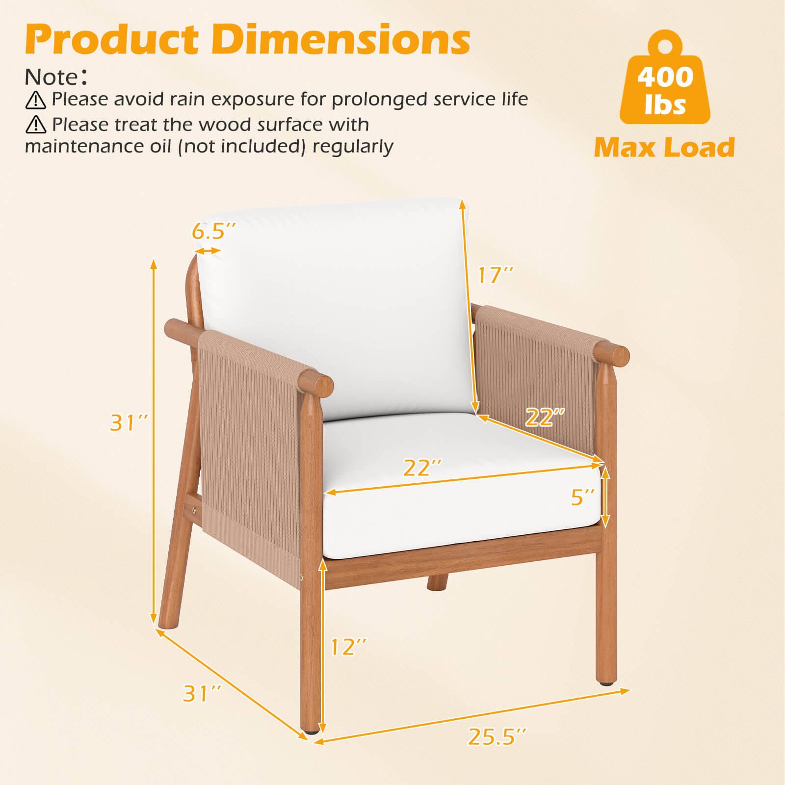 Product Dimensions

Note:
- Please avoid rain exposure for prolonged service life
- Please treat the wood surface with maintenance oil (not included) regularly

400 lbs Max Load

6.5"  
17"  
31"  
22"  
22"  
5"  
12"  
31"  
25.5"