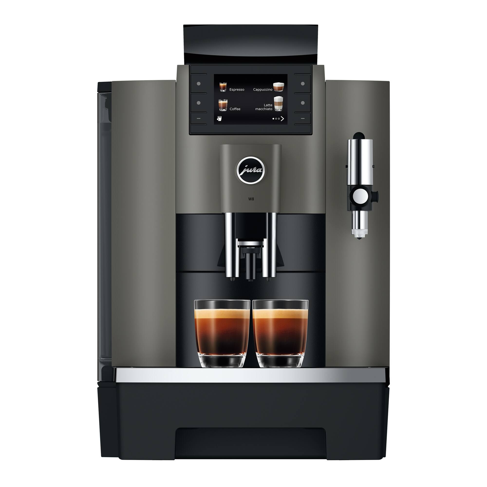The image shows a Jura coffee machine with two cups of coffee on top of it. The machine is capable of making espresso, cappuccino, and coffee lattes.
