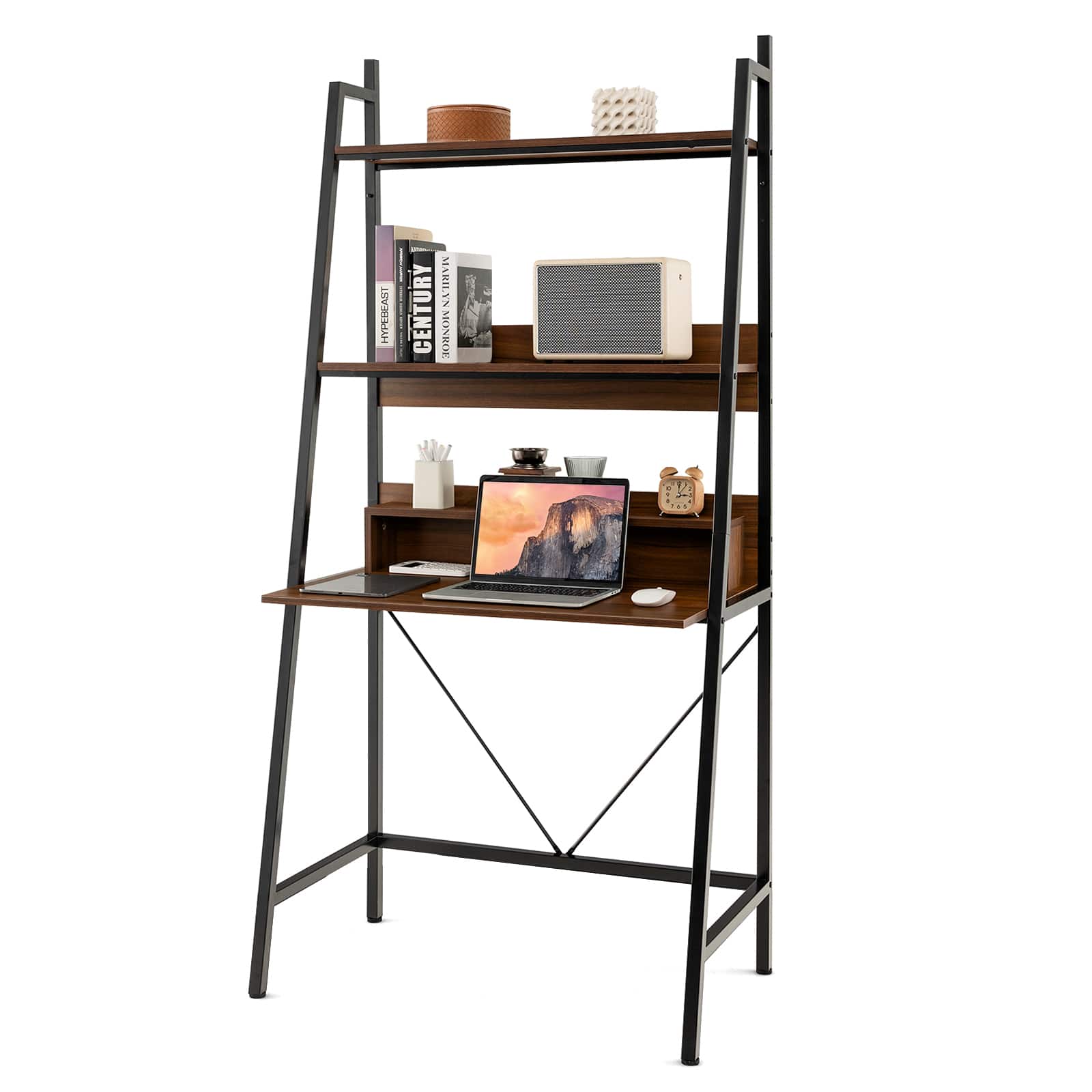 Costway - 71" High Ladder Desk with Open Shelves 3-Tier Ladder Shelf Computer Desk - Brown