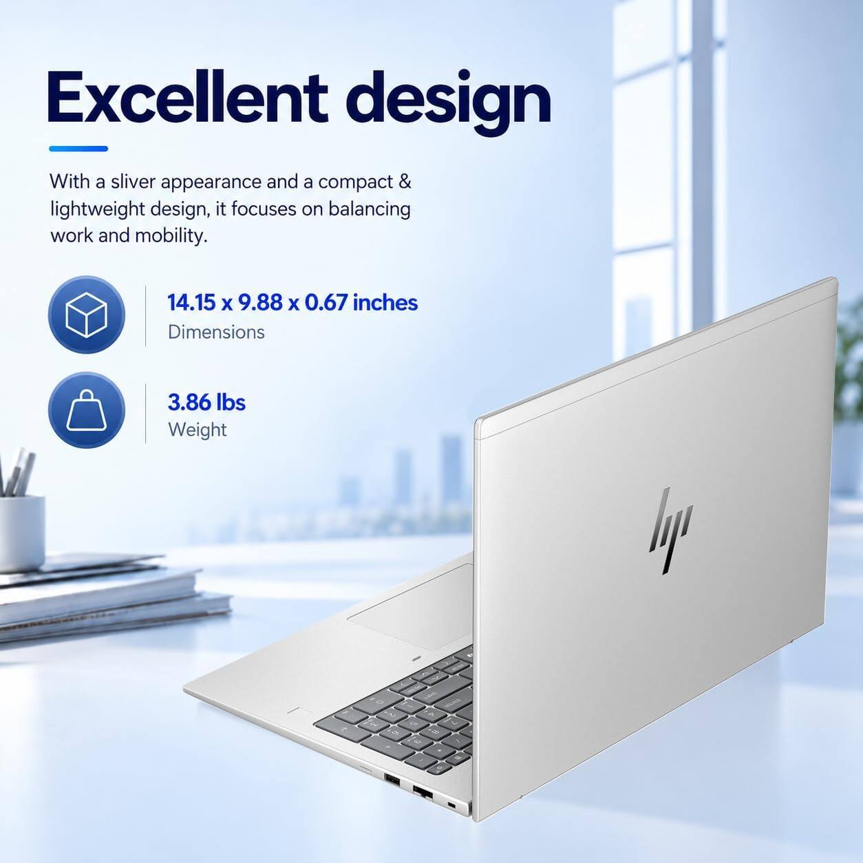 Excellent design

With a silver appearance and a compact & lightweight design, it focuses on balancing work and mobility.

14.15 x 9.88 x 0.67 inches
Dimensions

3.86 lbs
Weight