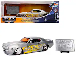 1969 Chevrolet Camaro Raw Metal with Yellow Flames Bigtime Muscle Jada 20th Anniversary 1:24 Diecast Model Car - Grey, Yellow