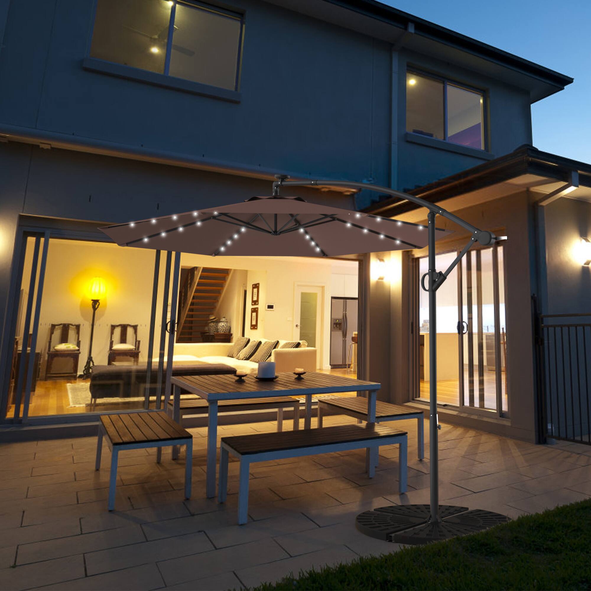 Alt View 3. Gymax - Gymax 10Ft Offset Hanging Umbrella Patio Outdoor w/ 32 Solar LED Lights Tan - Tan.