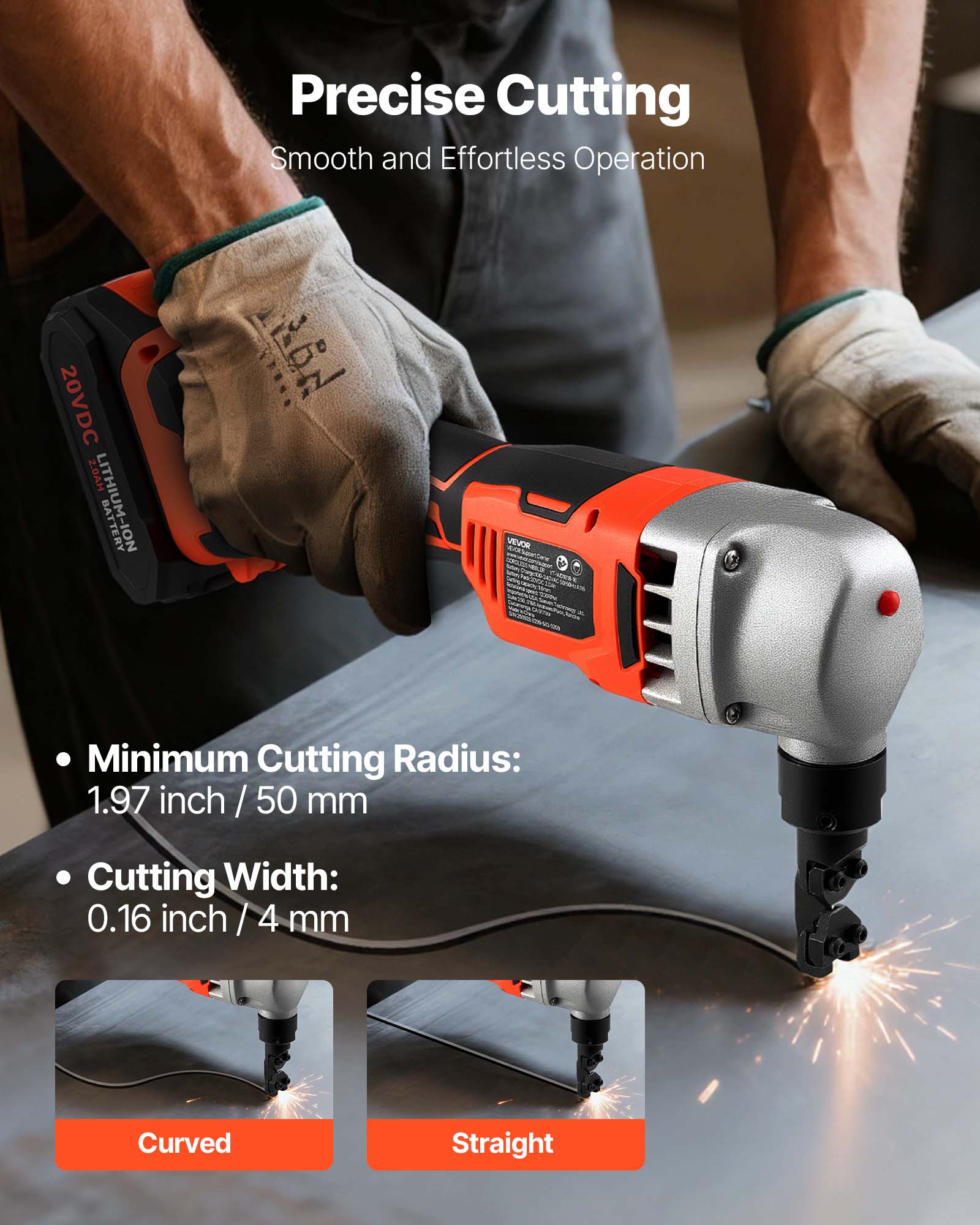 Precise Cutting  
Smooth and Effortless Operation  

20VDC 20AH LITHIUM-ION BATTERY  

- Minimum Cutting Radius: 1.97 inch / 50 mm  
- Cutting Width: 0.16 inch / 4 mm  

Curved  
Straight