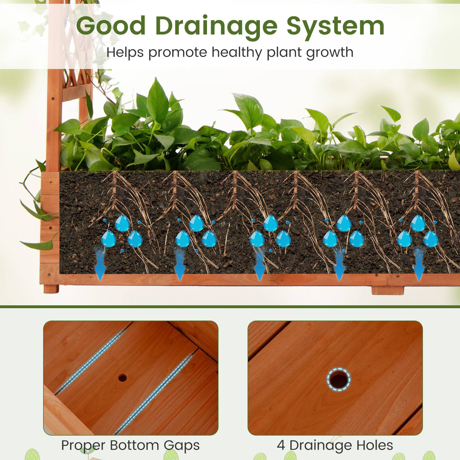 Good Drainage System  
Helps promote healthy plant growth  

Proper Bottom Gaps  

4 Drainage Holes