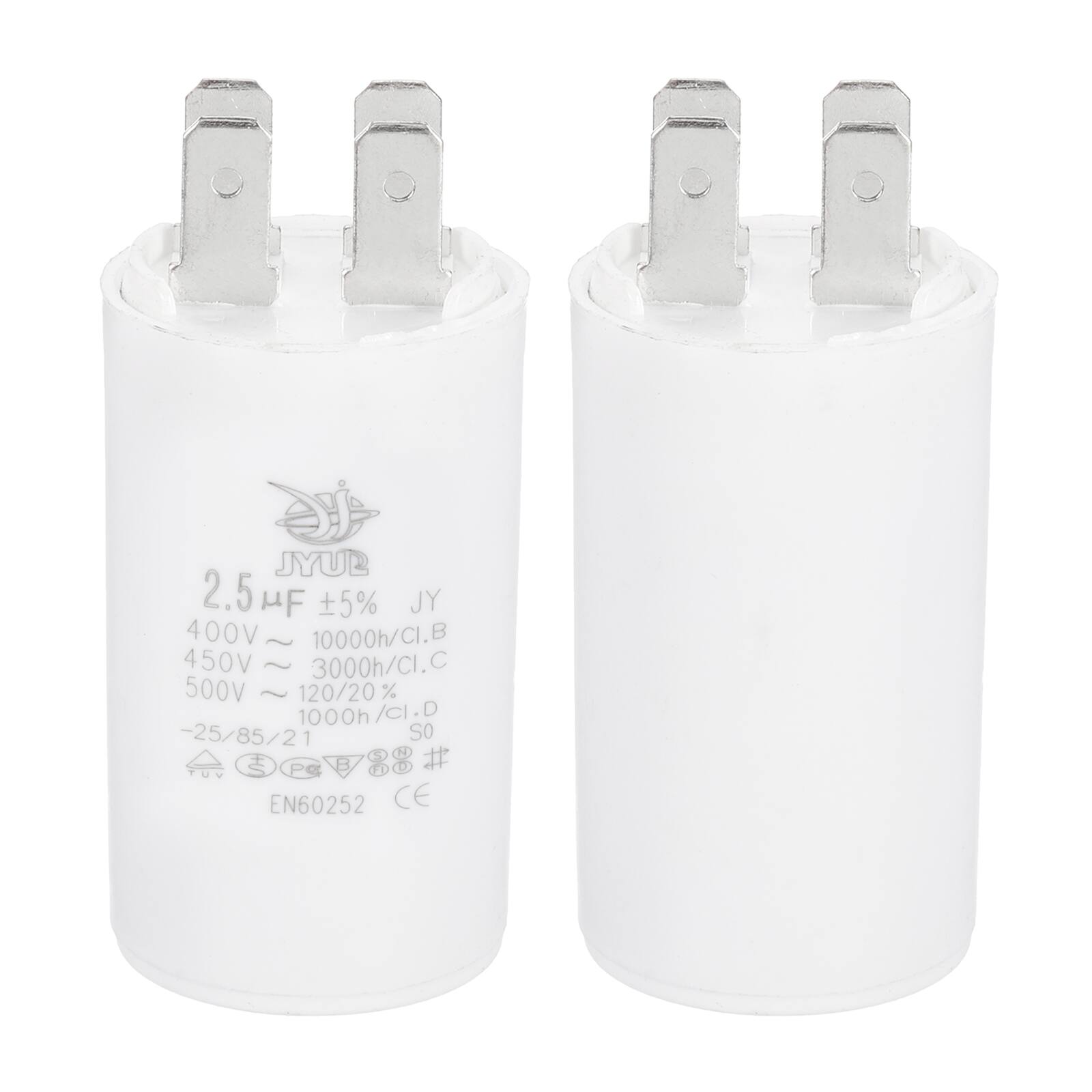 JYUB  
2.5 µF ±5% JY  
400V ~ 10000h/CI.B  
450V ~ 3000h/CI.C  
500V ~ 120/20% 1000h/CI.D  
-25/85/21  
3 g  
EN60252 CE