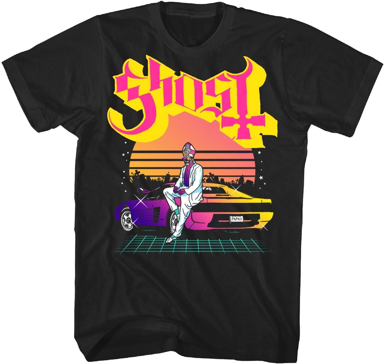 Front. PopMarket - Ghost - Ghost - Papa Lambo Synthwave T-Shirt - Medium Black TS4405GOSA2   - APPAREL - Multicolor.