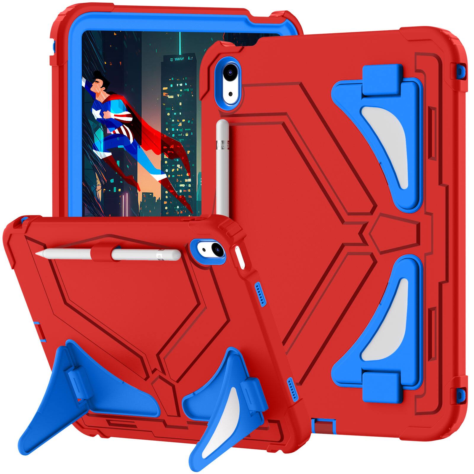 Angle. Dteck - Case for iPad (A16) 11th Gen 2025 /10th Gen 10.9'' 2022 Rugged Shockproof 3 Layers Kickstand Cover With Crossbody Strap - Red+Blue.